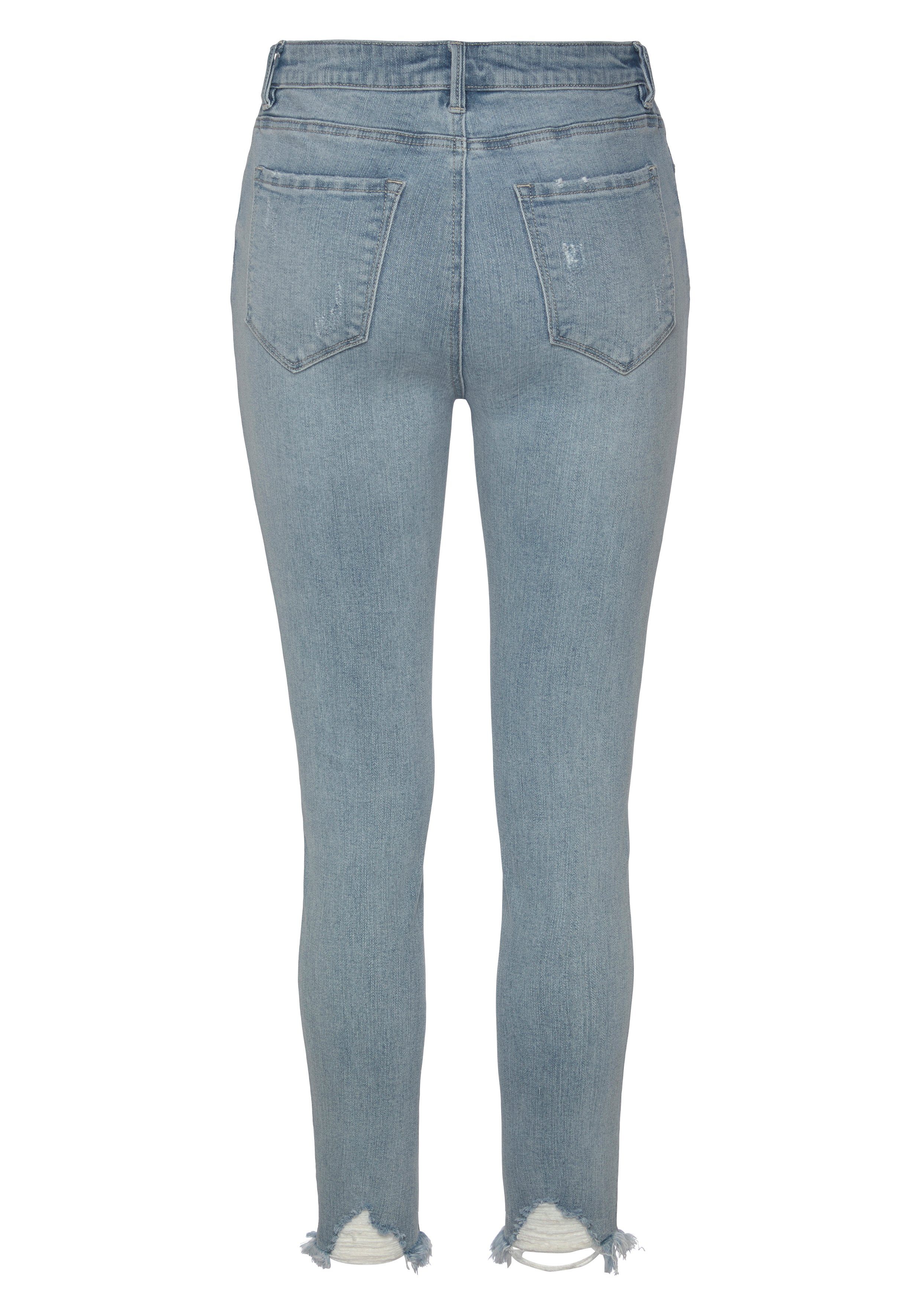 Buffalo Destroyed-Jeans mit ausgefransten Saumabschlüssen aus bequemer Baumwollmischung mit ausgefranstem Beinabschluss und Stretchanteil, schmale Passform