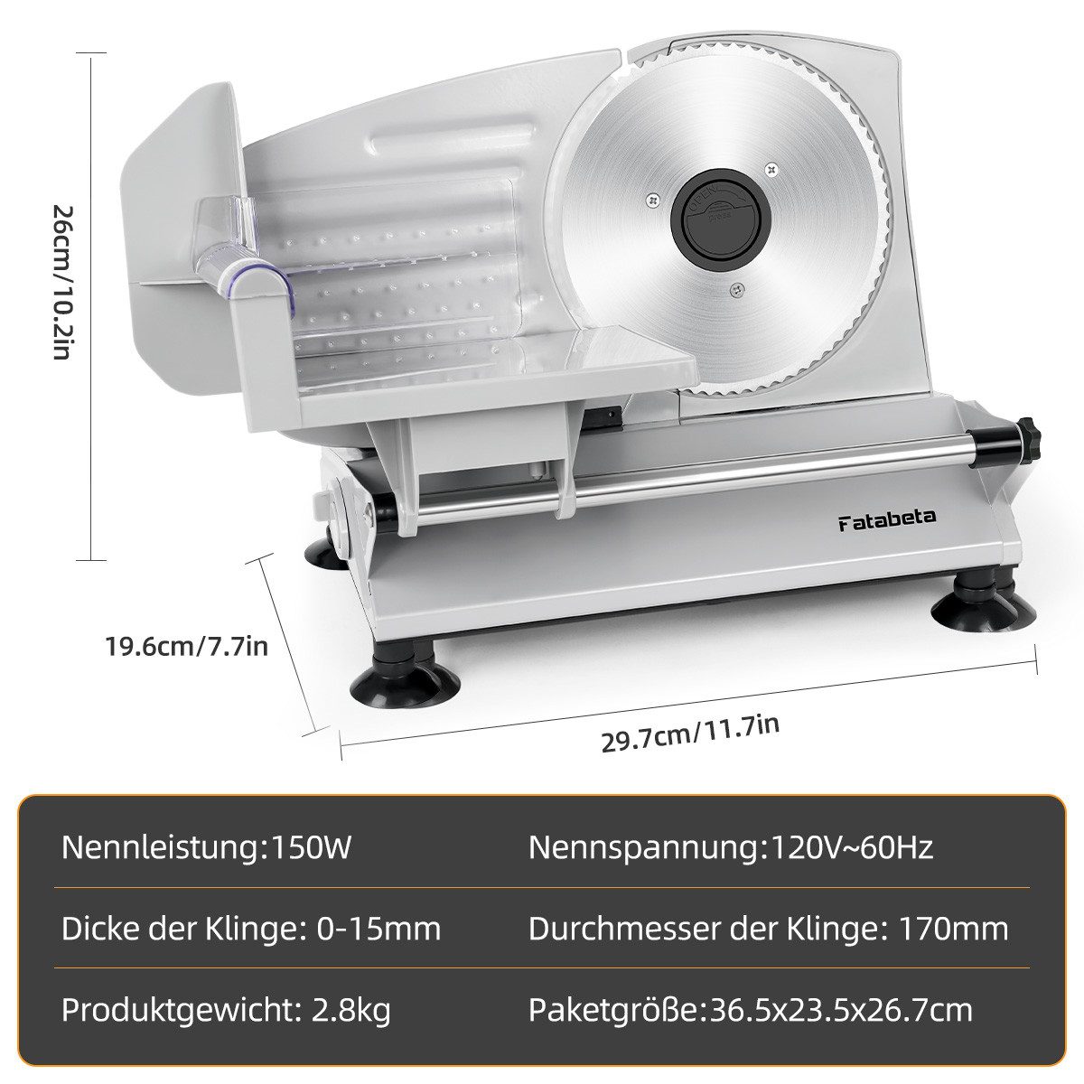 FATABETA Allesschneider Brotschneidemaschine Elektrisch, Edelstahl Aufschnittmaschine, 150,00 W, mit stufenlos einstellbarer Schnittstärke,mit Abnehmbarer 17 cm Klinge