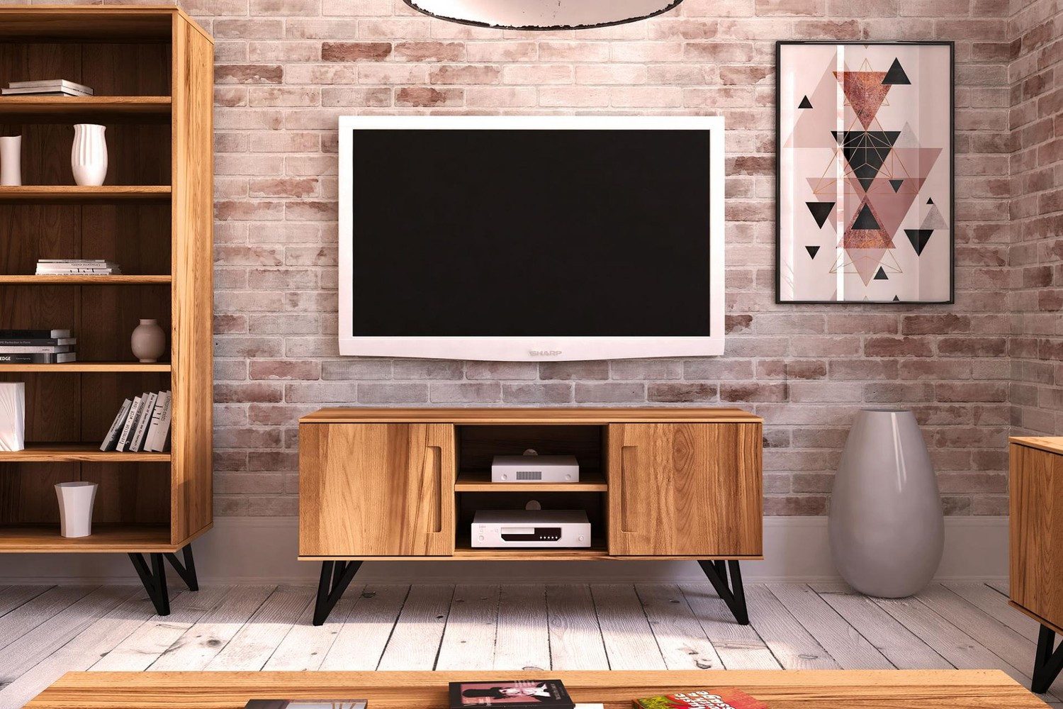 Natur24 Lowboard TV-Board Rolo Kernbuche massiv 136x45x61 Metallbeine 2 Türen 2 Fächer