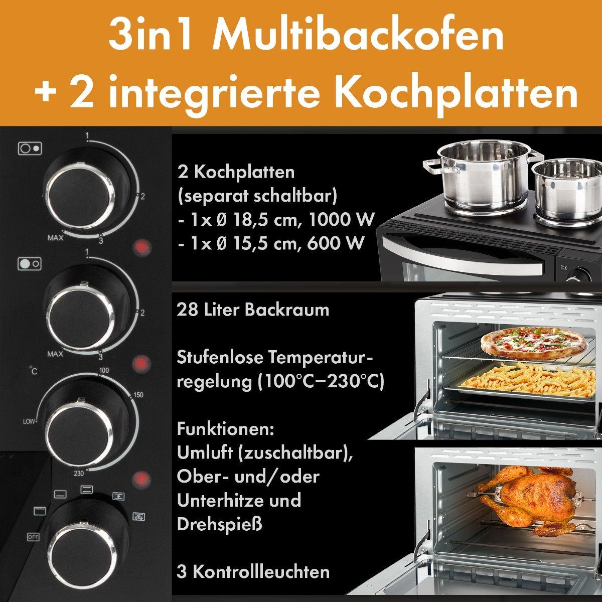 CLATRONIC Minibackofen KK 3786, Mini-Backofen mit Kochplatten und Drehspieß