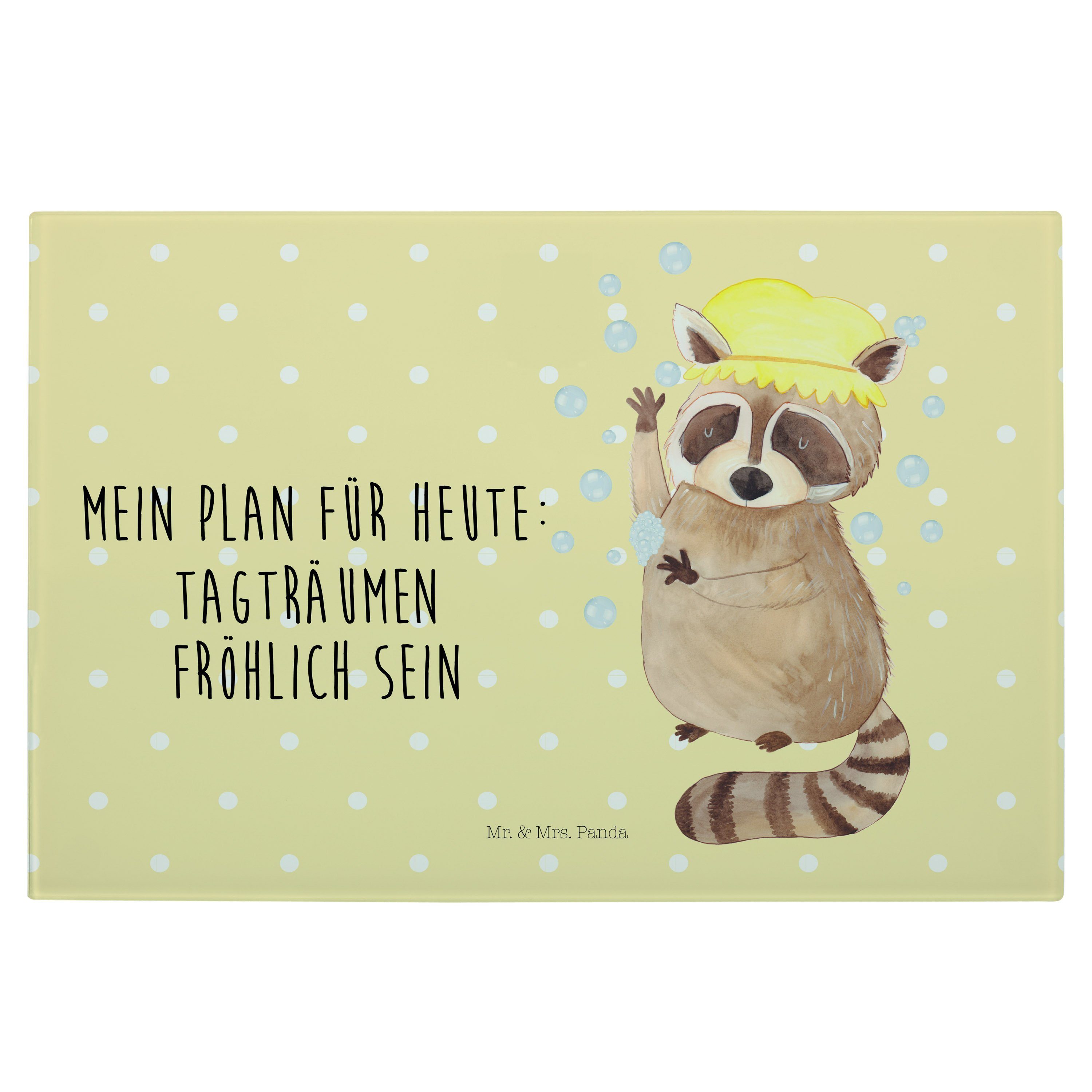Mr. & Mrs. Panda Servierbrett Waschbär - Gelb Pastell - Geschenk, Fröhlich, Schneidebrett, lustige, Premium Glas, (1-St) | Servierbretter