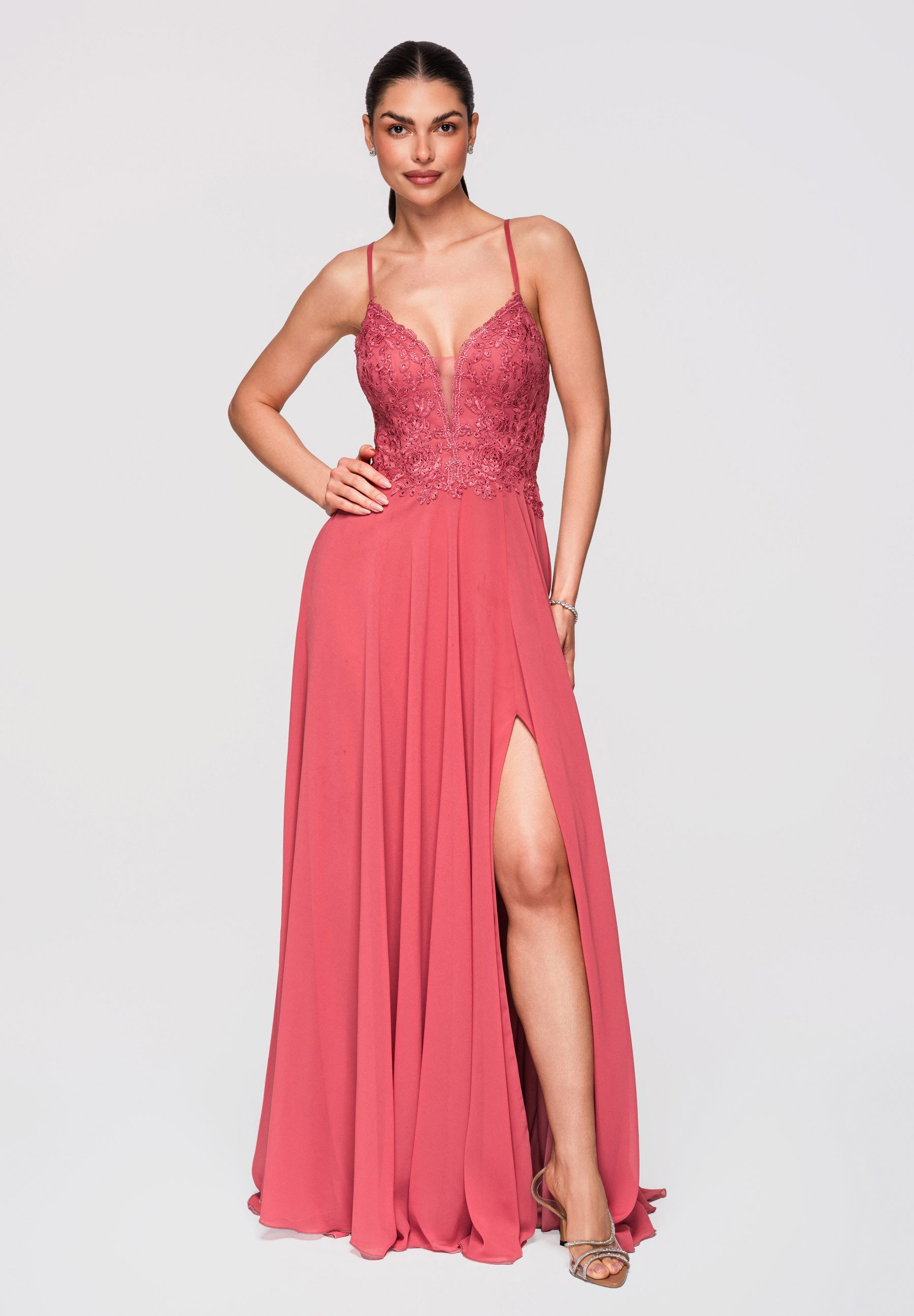 OMBRE Abendkleid Maxikleid Abendkleid mit Spitze & Rückenfrei Koralle S (kein Set, 1-tlg) Rückenfrei, gekreuzte Träger