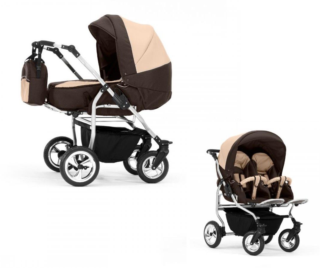 Elcar Zwillings-Kombikinderwagen Zwillingskinderwagen 2 in 1 Duo - 11 Teile - in 38 Farben Braun-Beige