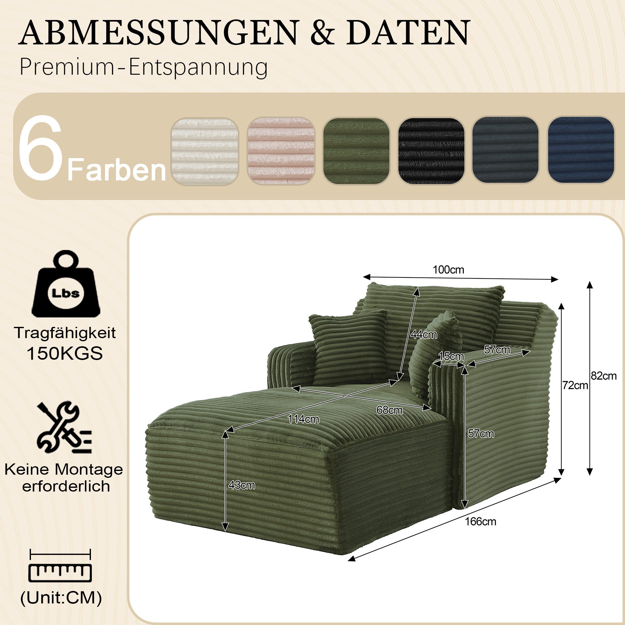GLP Chaiselongue Bodensofa mit Schlaffunktion, Cord Chaiselongue Relaxsessel Schlafsofa ohne Montage