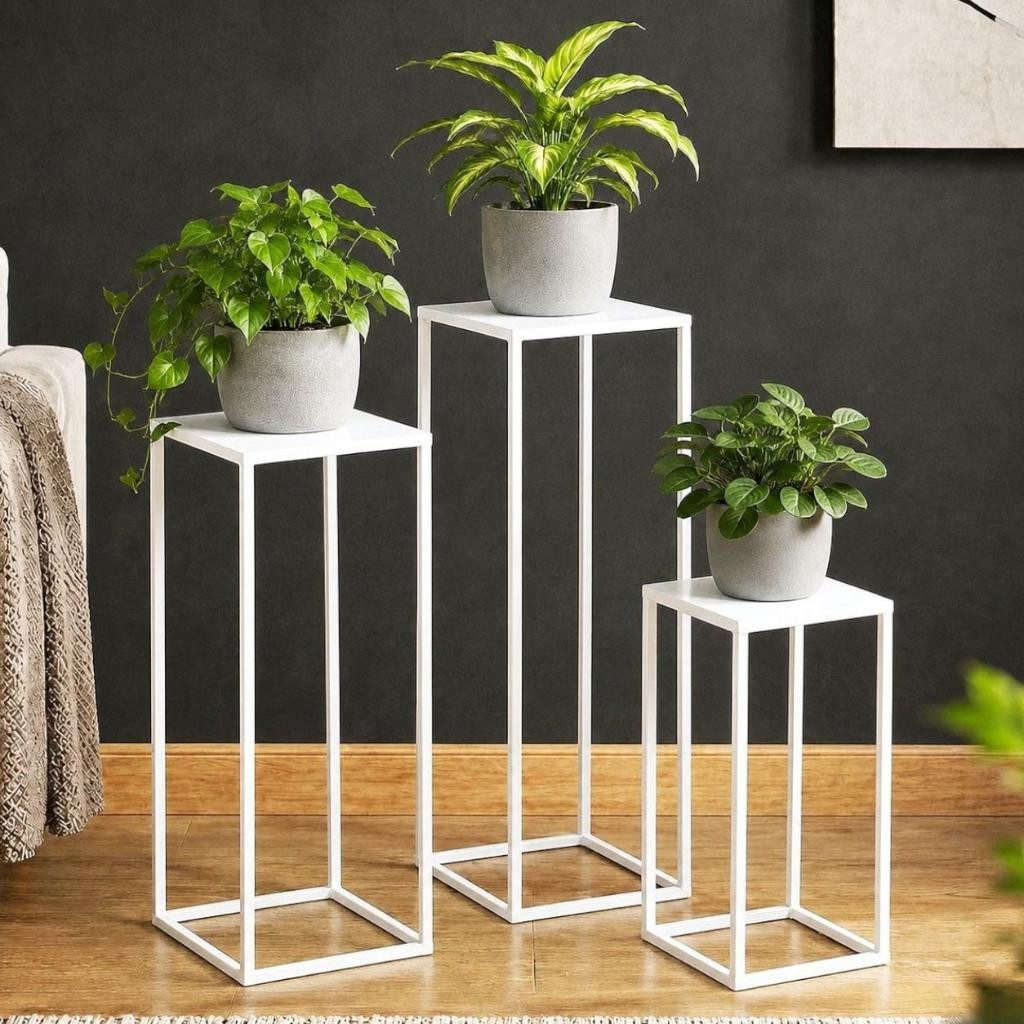 DanDiBo Blumenhocker Metall Weiß Eckig Blumenhocker Beistelltisch 3er Set