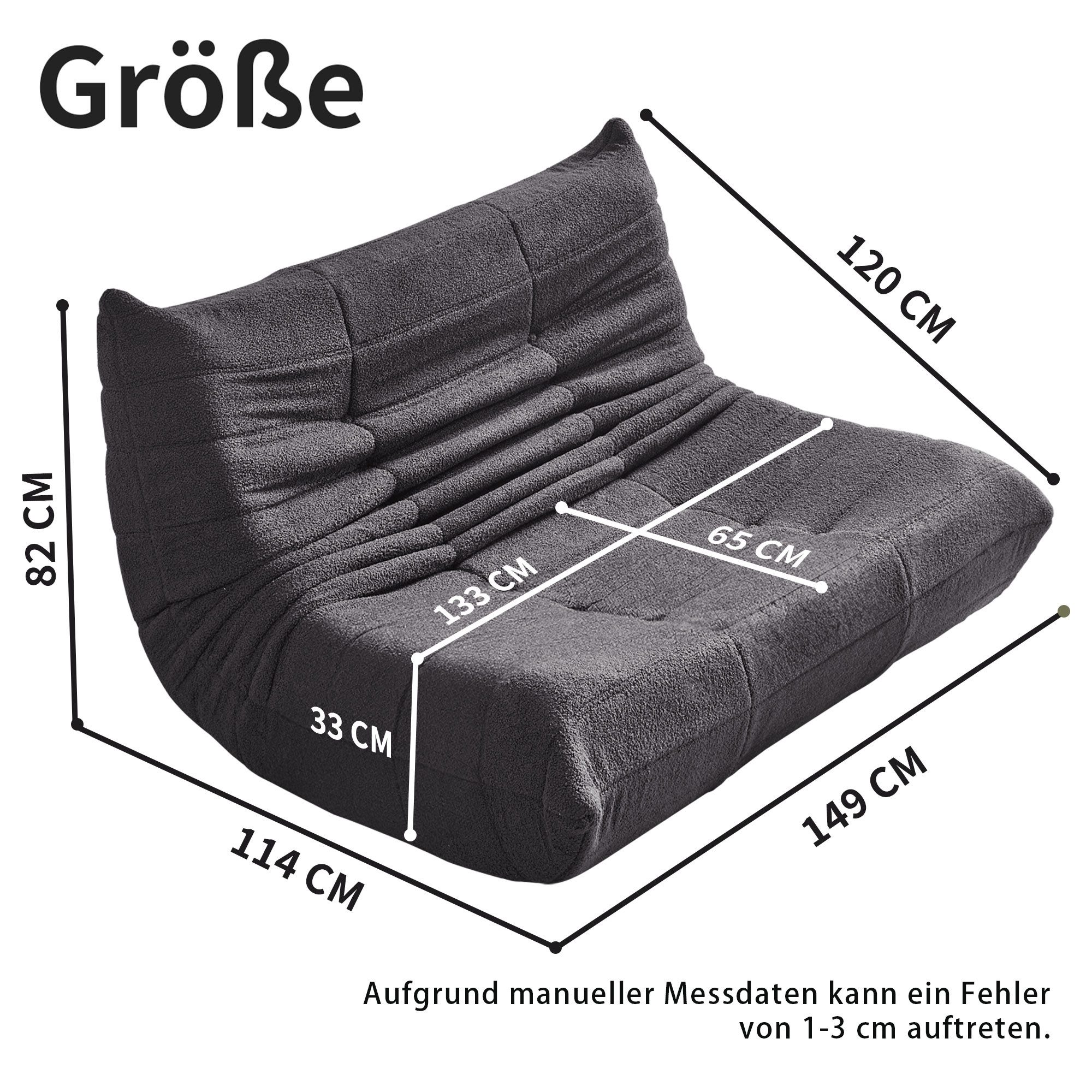 HAUSS SPOLE Sitzsack 2-Sitzer Lazy-Sofa mit Rückenstützung,modernes Design,Wohnzimmer Grau (1 St), Relaxsessel Polstermöbel – Bild 4 von 5