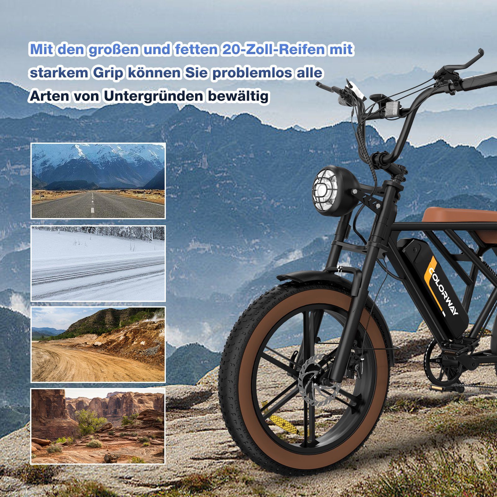COLORWAY E-Bike 20 Zoll Heckmotor Reifen, 48V Shimano, 7 15Ah Gang, 4.0 Fat E-Motorrad MTB Motor 250W