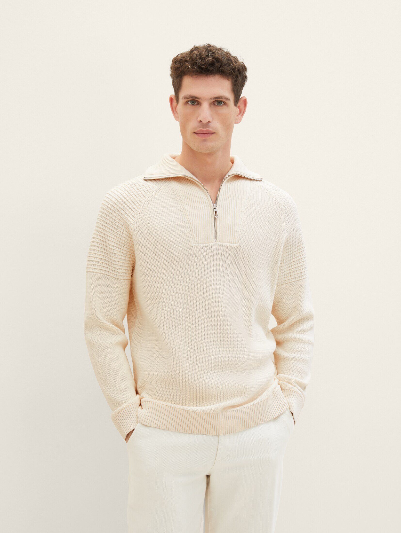 TOM TAILOR Strickpullover Troyer Strickpullover mit Struktur vintage beige | Sweatshirts
