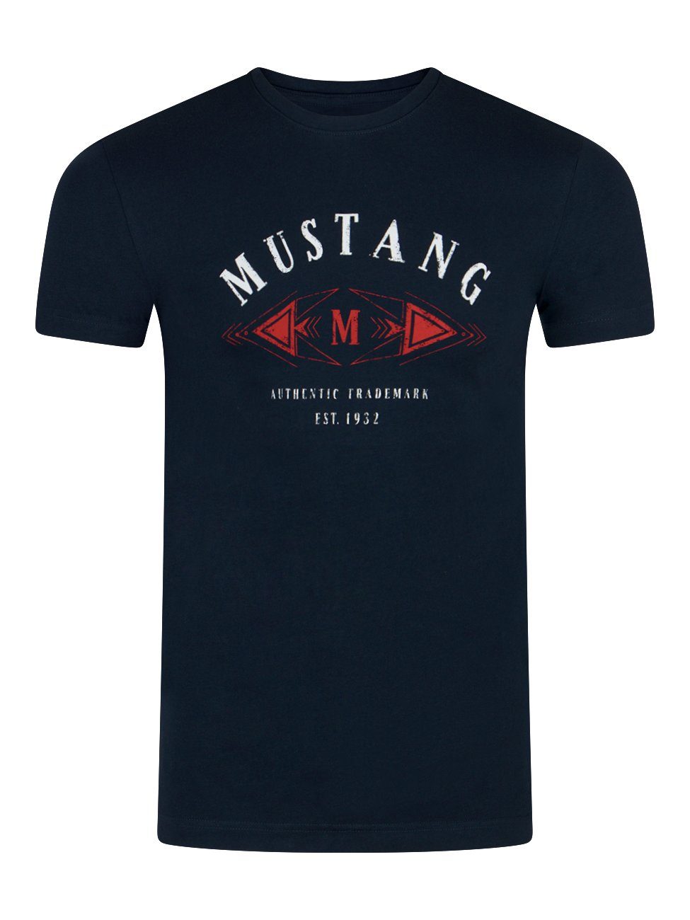 100% Shirt Dark Regular MUSTANG Kurzarm (1014005-4136) aus mit Baumwolle Rundhalsausschnitt T-Shirt Herren Fit (1-tlg) Sapphire Printshirt Tee