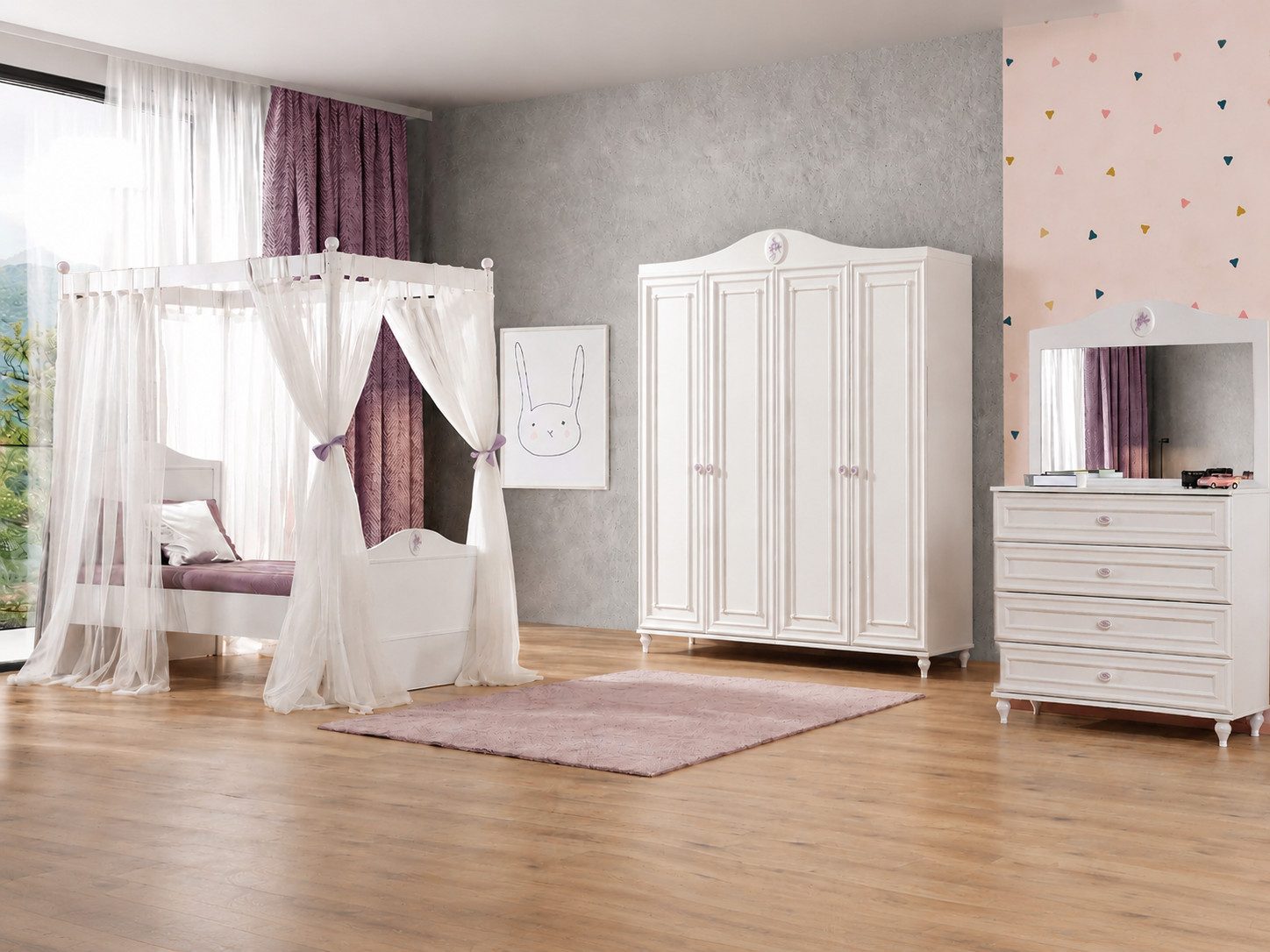 JVmoebel Himmelbett Himmelbett Kleiderschrank Kommode Spiegel Weiß Holz Textil (4-tlg., 4-tlg)