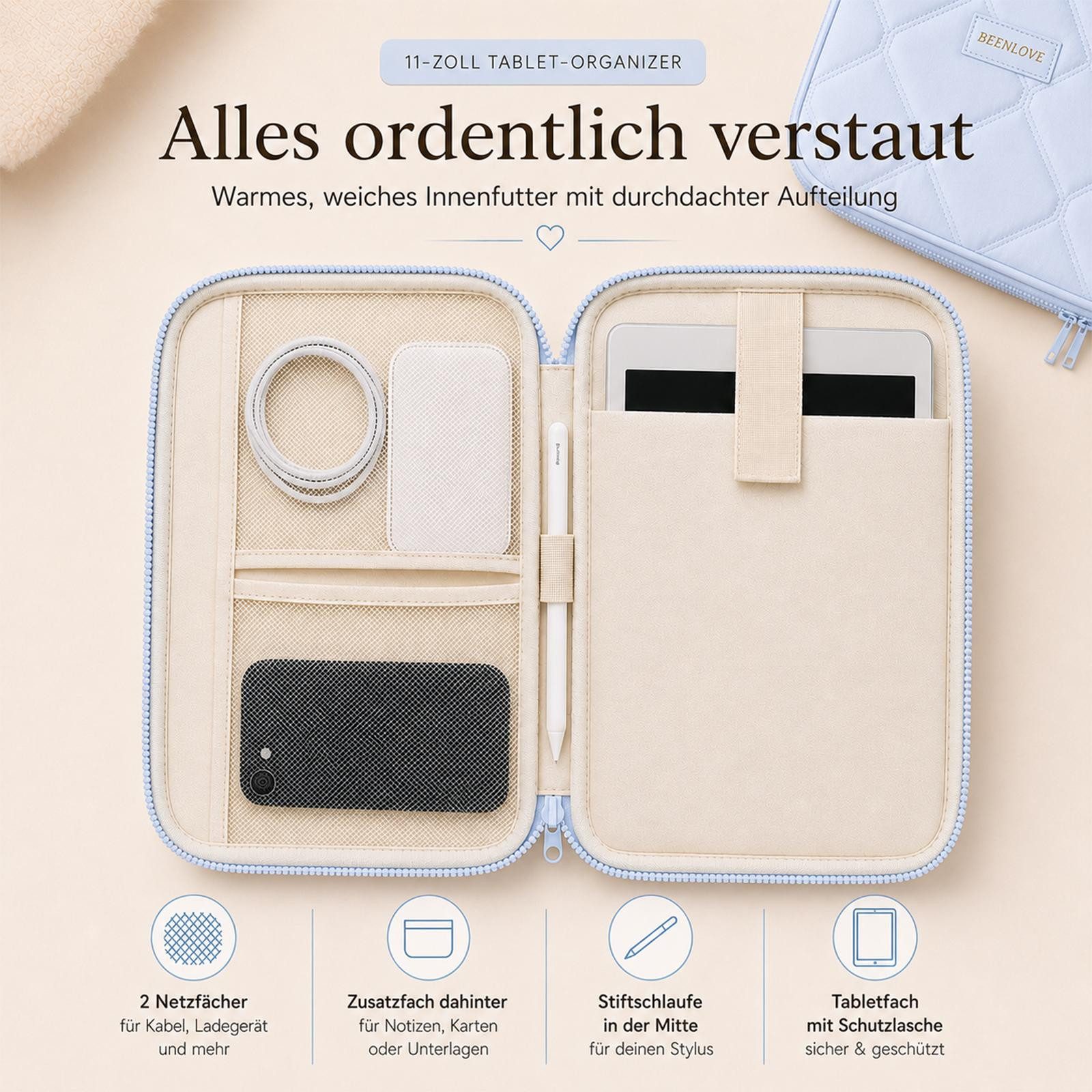VERCO Tablet-Hülle Universal Organizer Sleeve bis 11 Zoll gepolstert 27,94 cm (11 Zoll), mit Trolley Schlaufe und Zubehörfach wasserabweisend gepolstert – Bild 2 von 5
