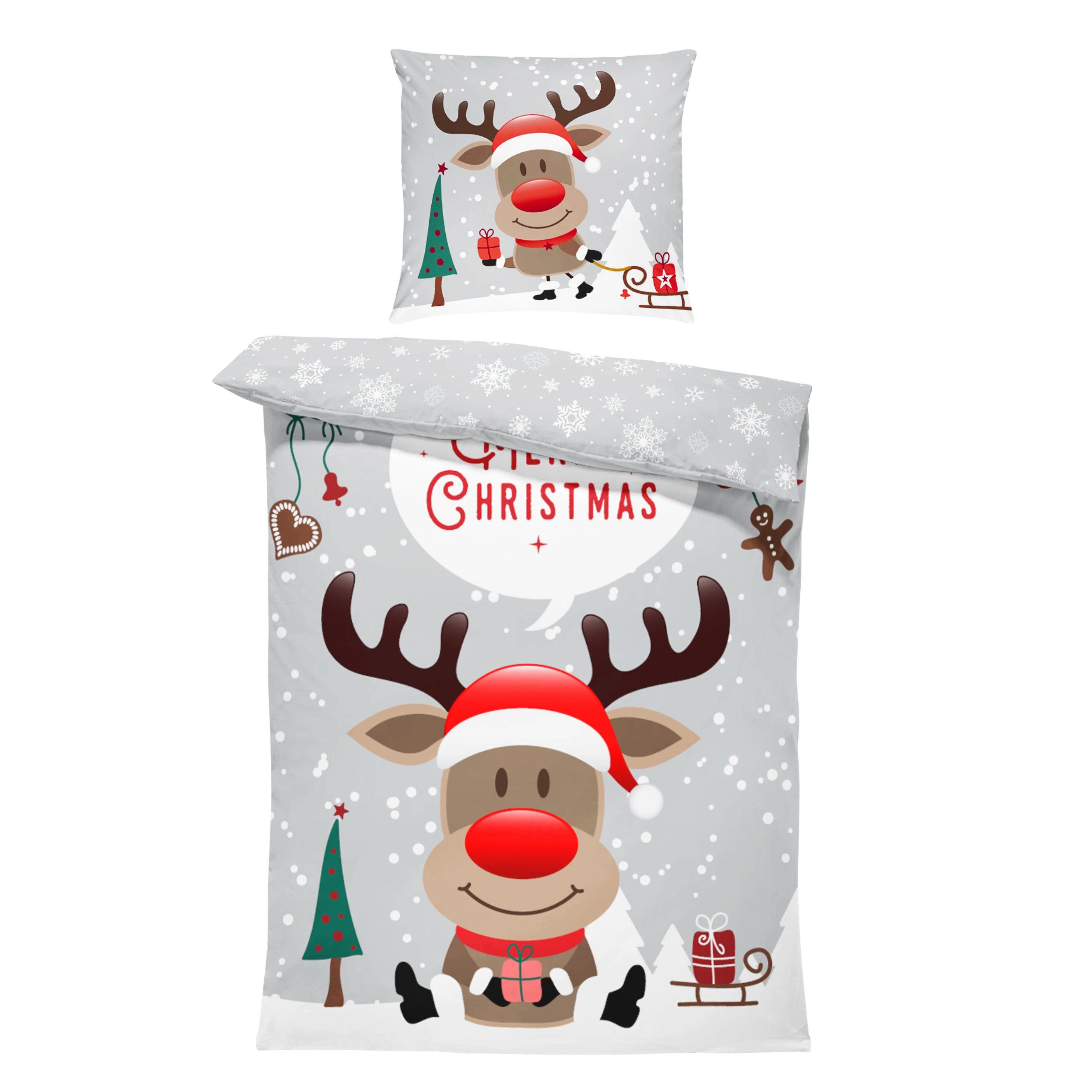 MTOnlinehandel Bettwäsche Weihnachten "Rentier mit roter Nase" Merry Christmas Winter Bettwäsche, Renforcé, 2 teilig, 135x200 + 80x80 cm 2 tlg., 100 % Baumwolle – Bild 2 von 5