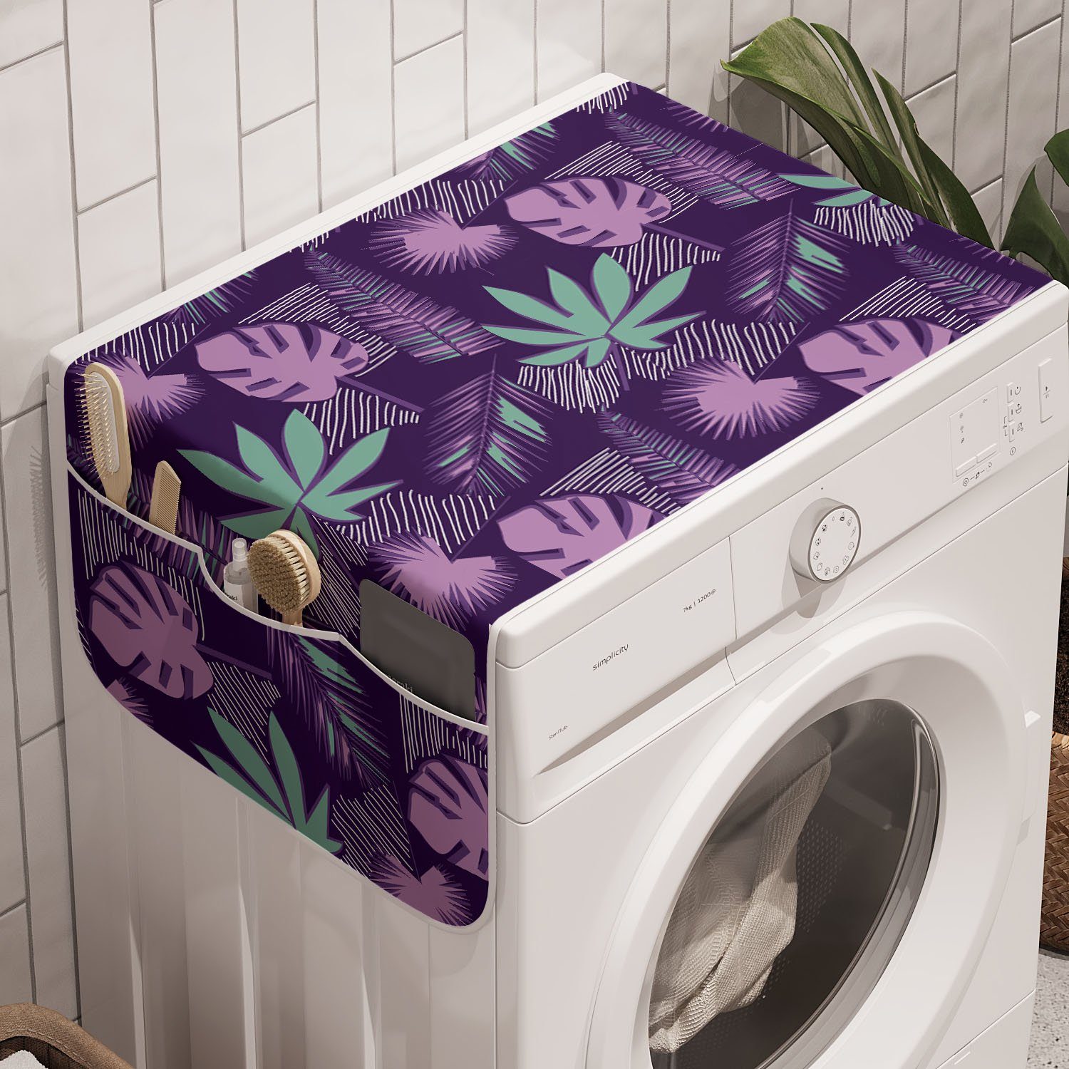 Abakuhaus Badorganizer Anti-Rutsch-Stoffabdeckung für Waschmaschine und Trockner, Tropisch Lila Exotic Jungle Kunst