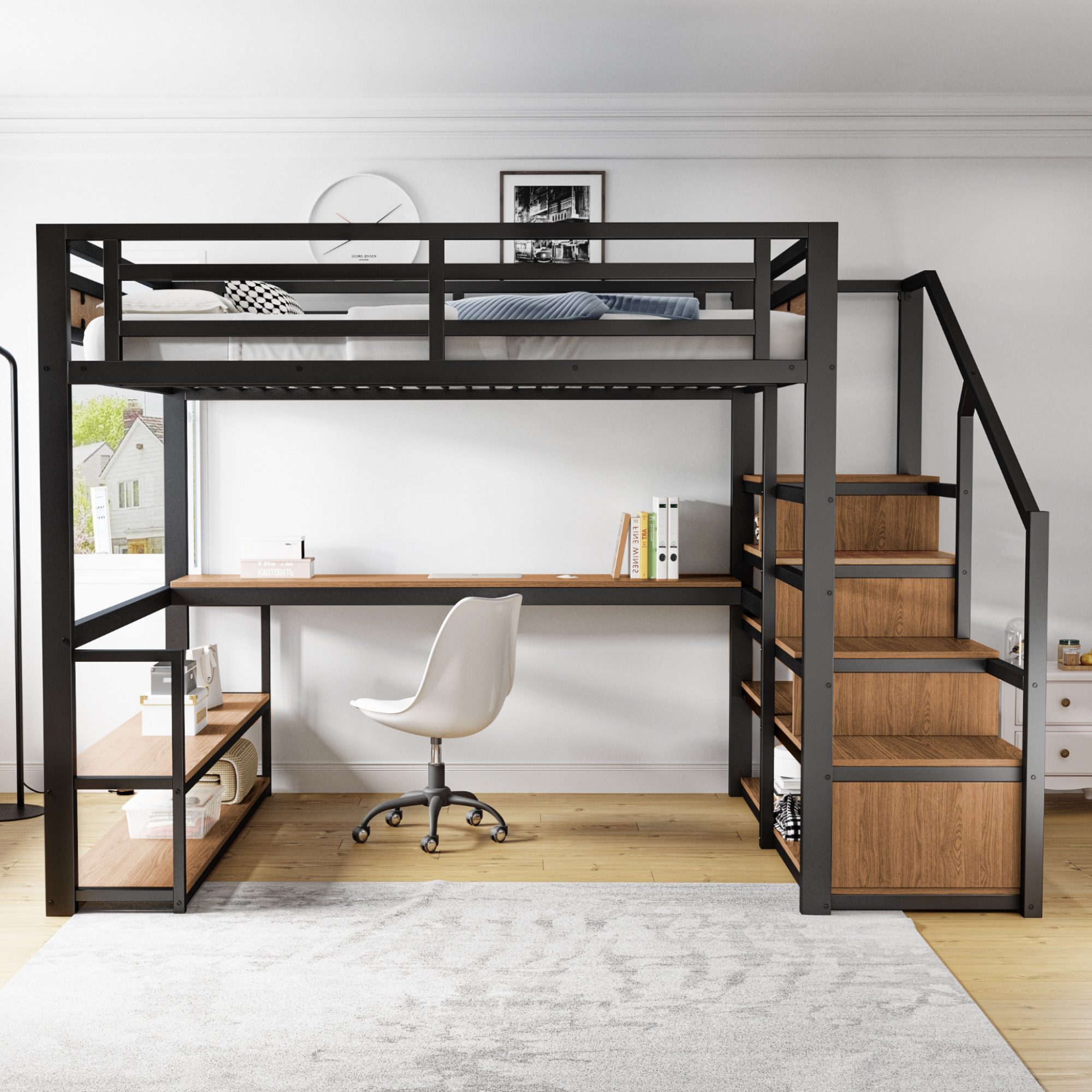 Odikalo Hochbett Jugendbett Aufbewahrungsleiter Regalen Tisch günstig online kaufen
