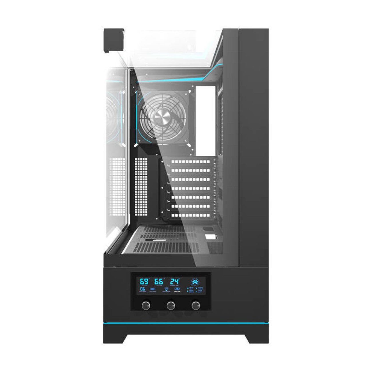 Darkflash PC-Gehäuse DY450 PRO Black, (Einzelgerät, PC-Gehäuse mit digitaler Temperaturanzeige & 1 ARGB-Lüfter), Display, ARGB, 7 Lüfterplätze, 420 mm GPU, USB-C, Glas, Steuerung
