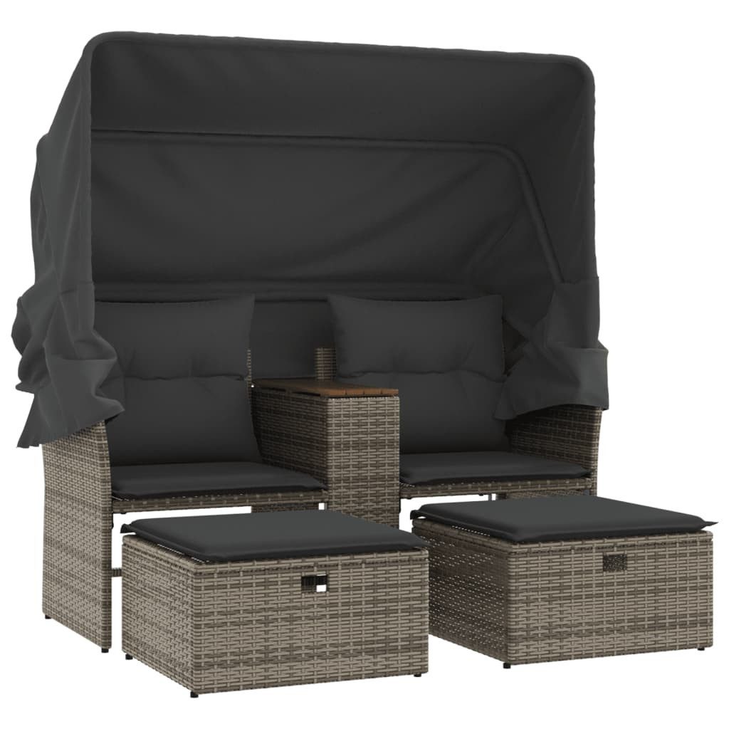 vidaXL Sofa, Gartensofa 2-Sitzer mit Dach und Hockern Grau Poly Rattan