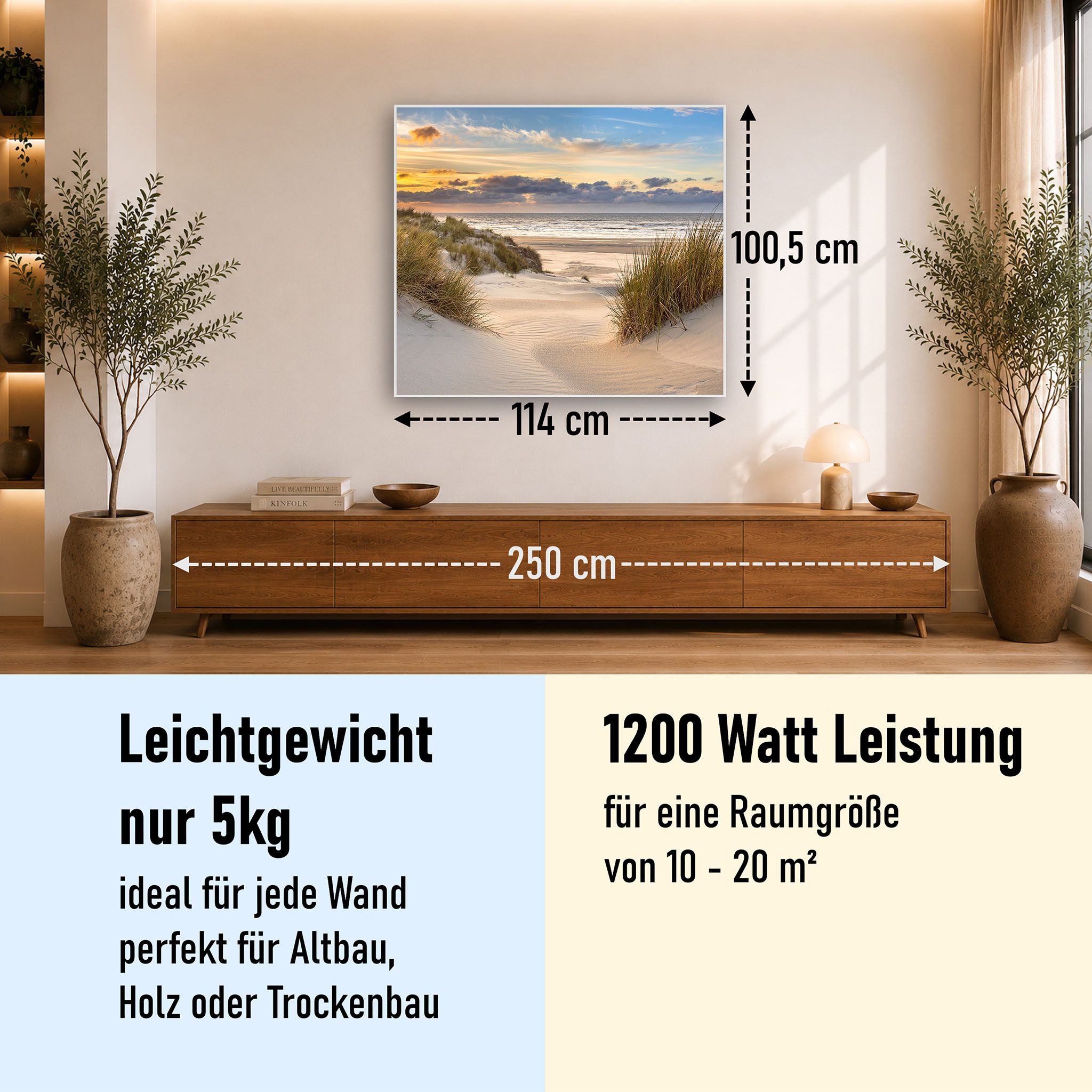 STEINFELD Heizsysteme Infrarotheizung Bild 1200W, 114x100cm, Made in Germany, 7 Jahre Garantie, mit Thermostat, Silber