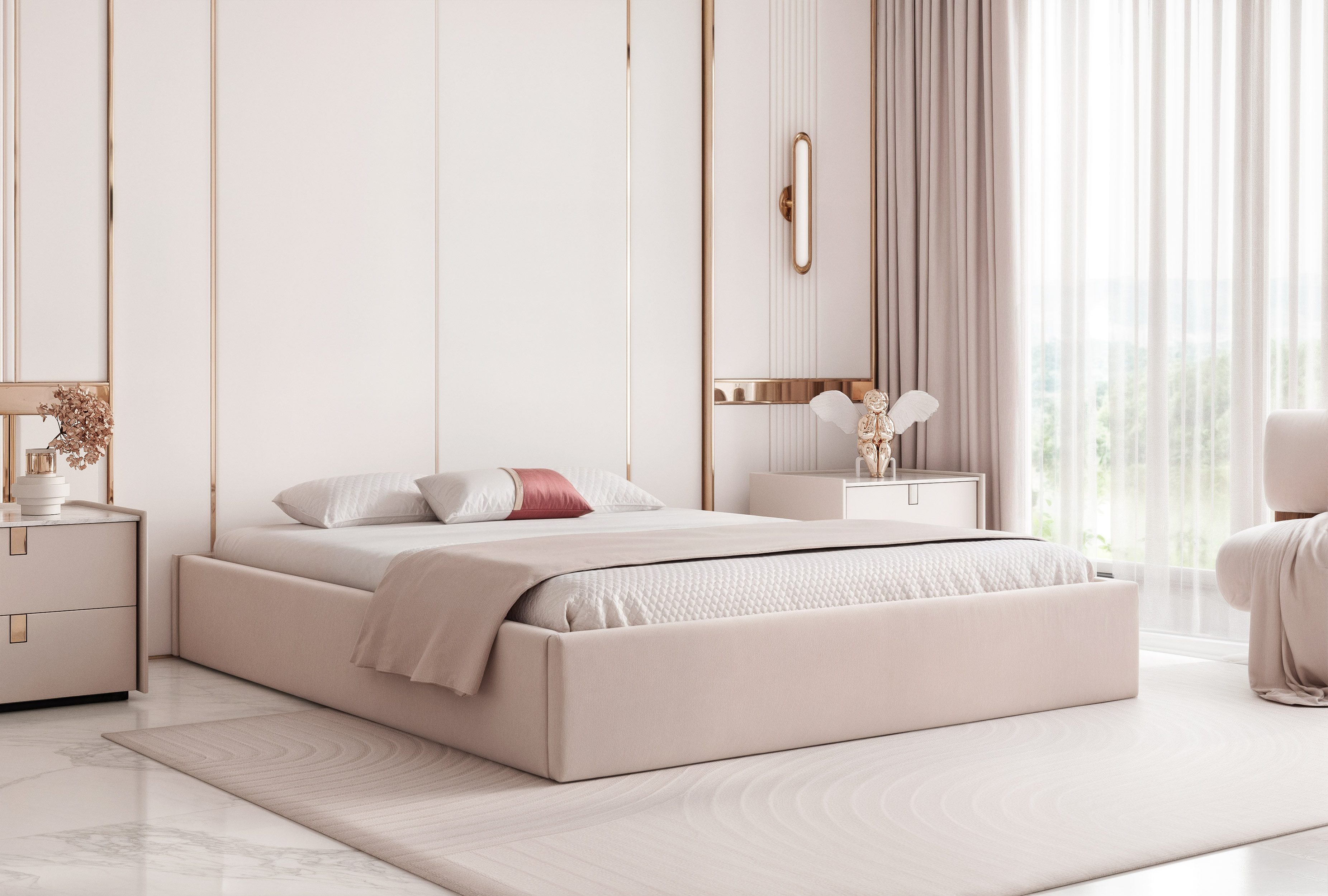 Goldstoff Polsterbett Modernes Bett "MODENA" ohne Kopfteil mit Stauraum & gepolsterte Rahmen (120–200x200 cm), Schlafbett mit großzügigem Stauraum und modern gepolstertem Design