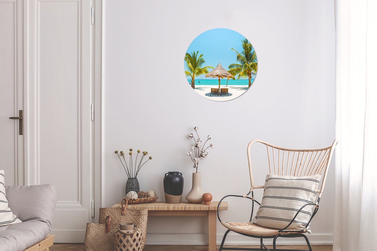 cm Wohnzimmer, Wandbild, Strand - Palme, Gemälde MuchoWow Sonnenschirm Wanddekoration Forex, 30x30 (1 St), - Rundes Kreis