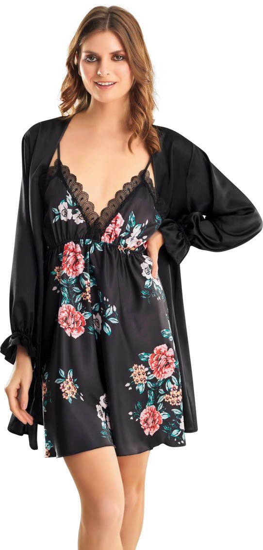 Nachthemd Kurzes Satin-Kleid-Set – Nachthemd mit Blumenmuster & Kimono 2-teiliges Set: Nachthemd + passender Kimono