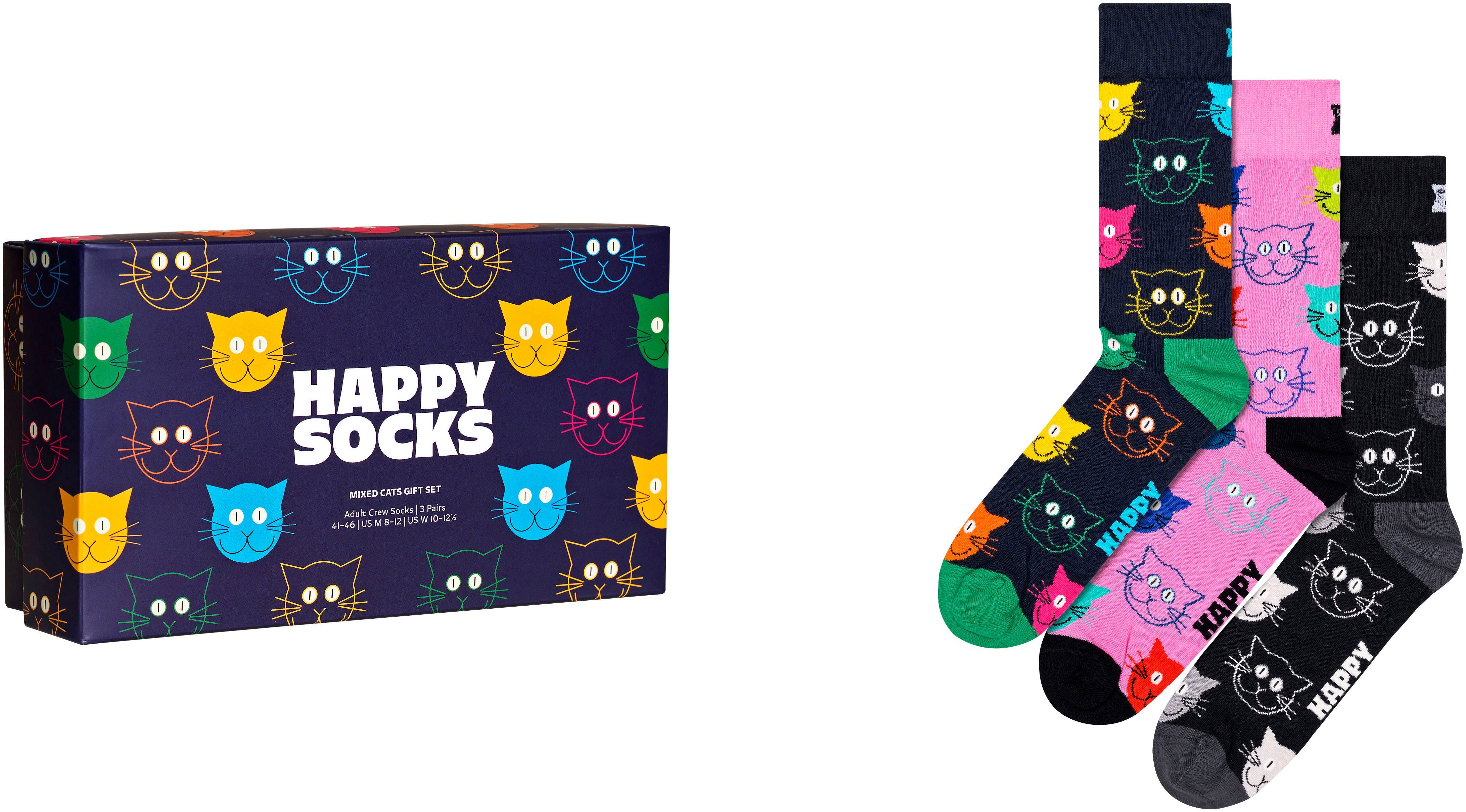 Happy Socks Socken Cat Mixed 3-Paar) Cat Socks Set Katzen-Motive Gift 2 (Packung, Mixed 3-Pack