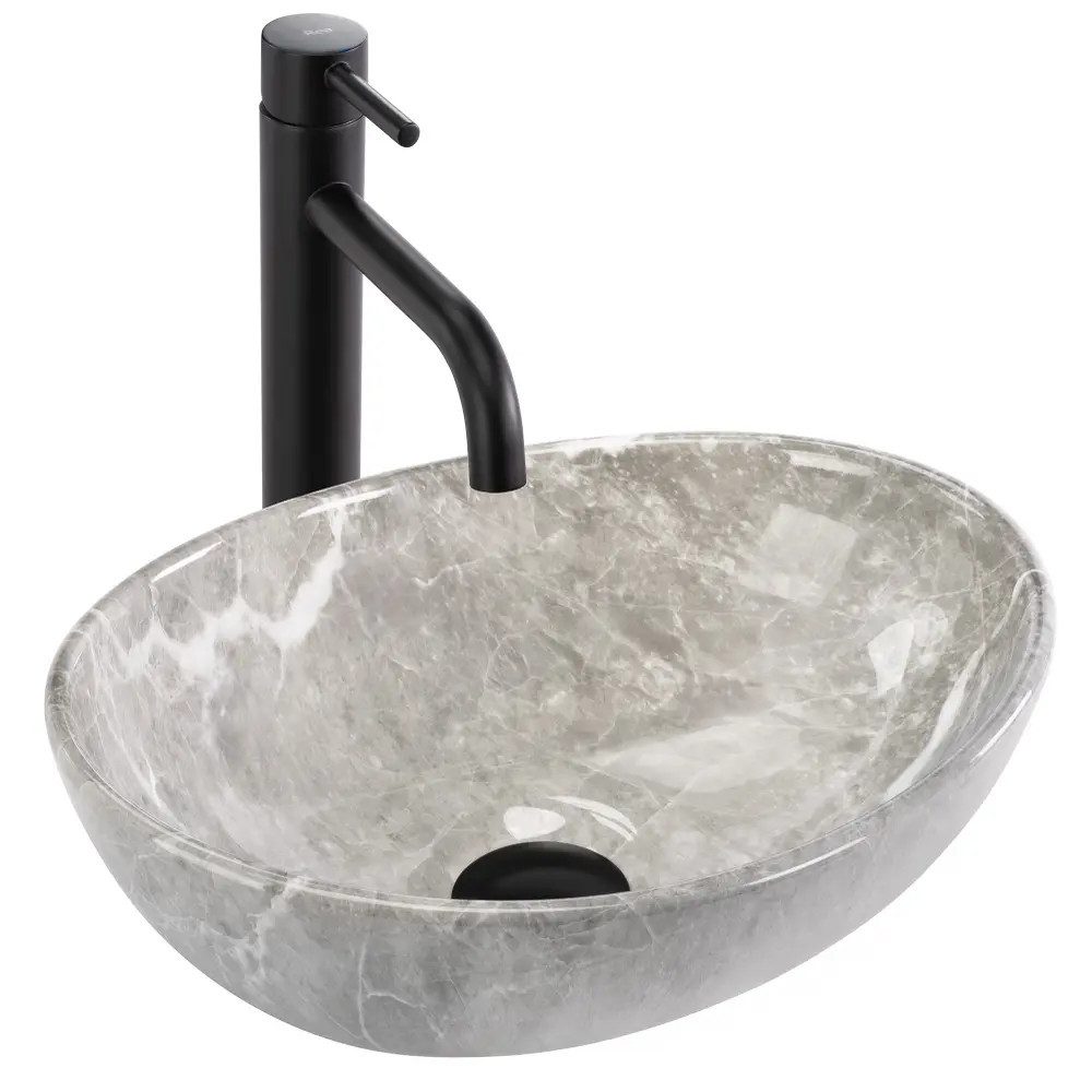 wohnwerk.idee Aufsatzwaschbecken Waschbecken Marmoroptik Oval Grau Glanz Keramik Design modern