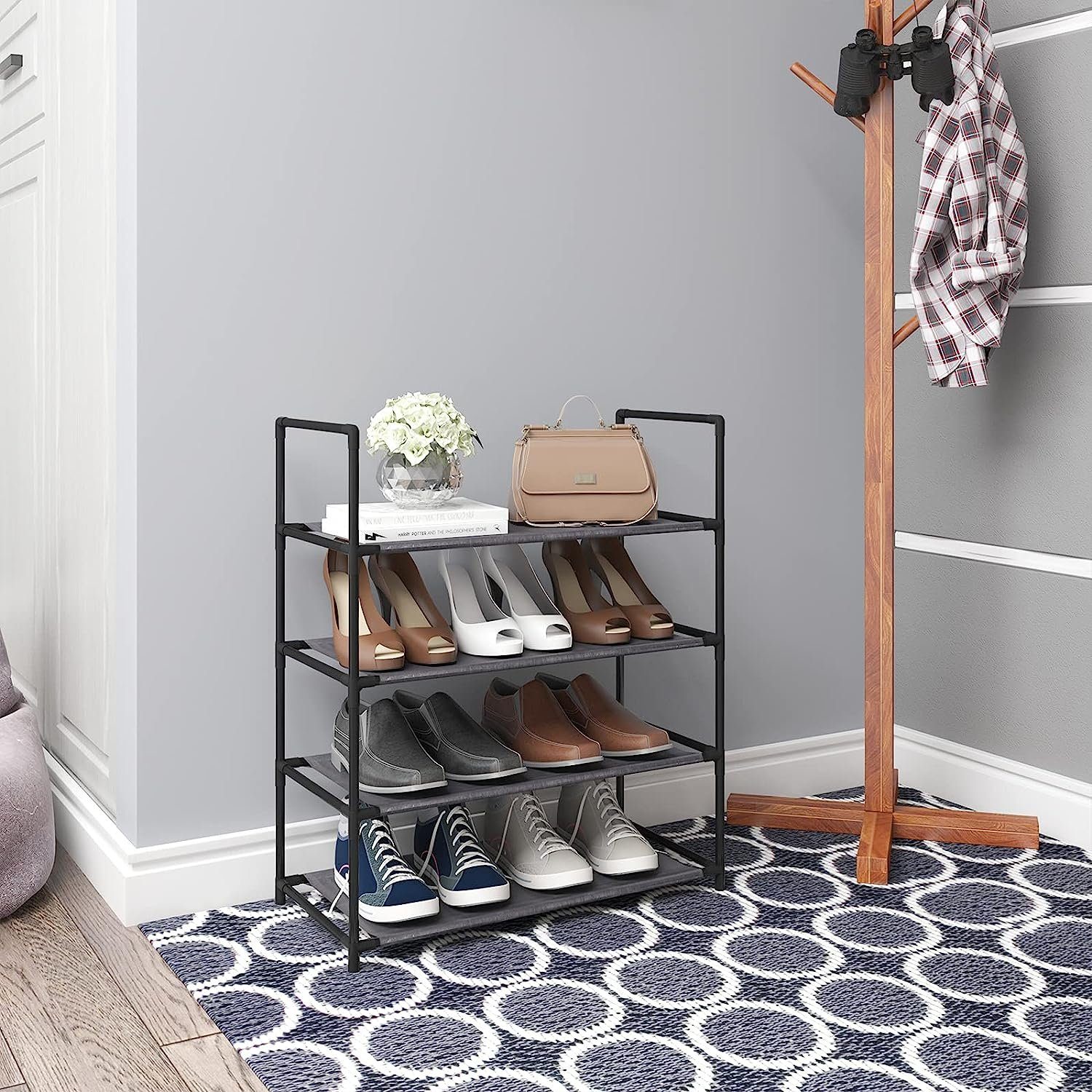 Woltu Schuhregal, 1-tlg., mit 4 Ablagen Schwarz für 12 Paar Schuhe 60x28x71cm