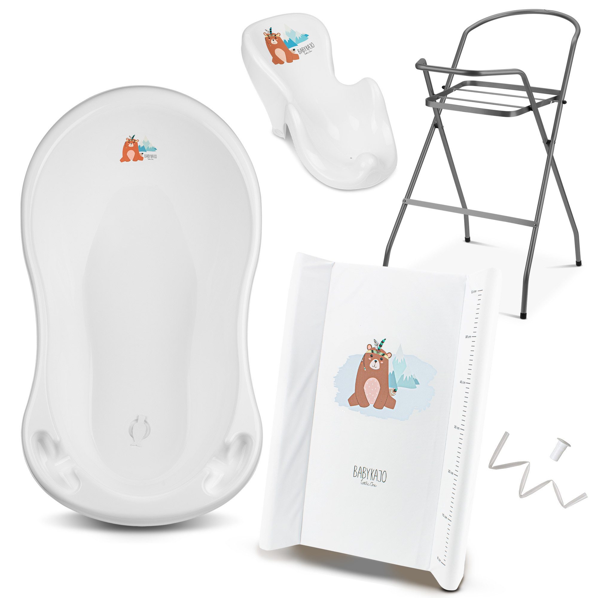 Babykajo Babybadewanne mit Ständer, (Set, 5-tlg), Babywanne mit Gestell, Sitz, Schlauch und Wickelauflage - TÜV geprüft