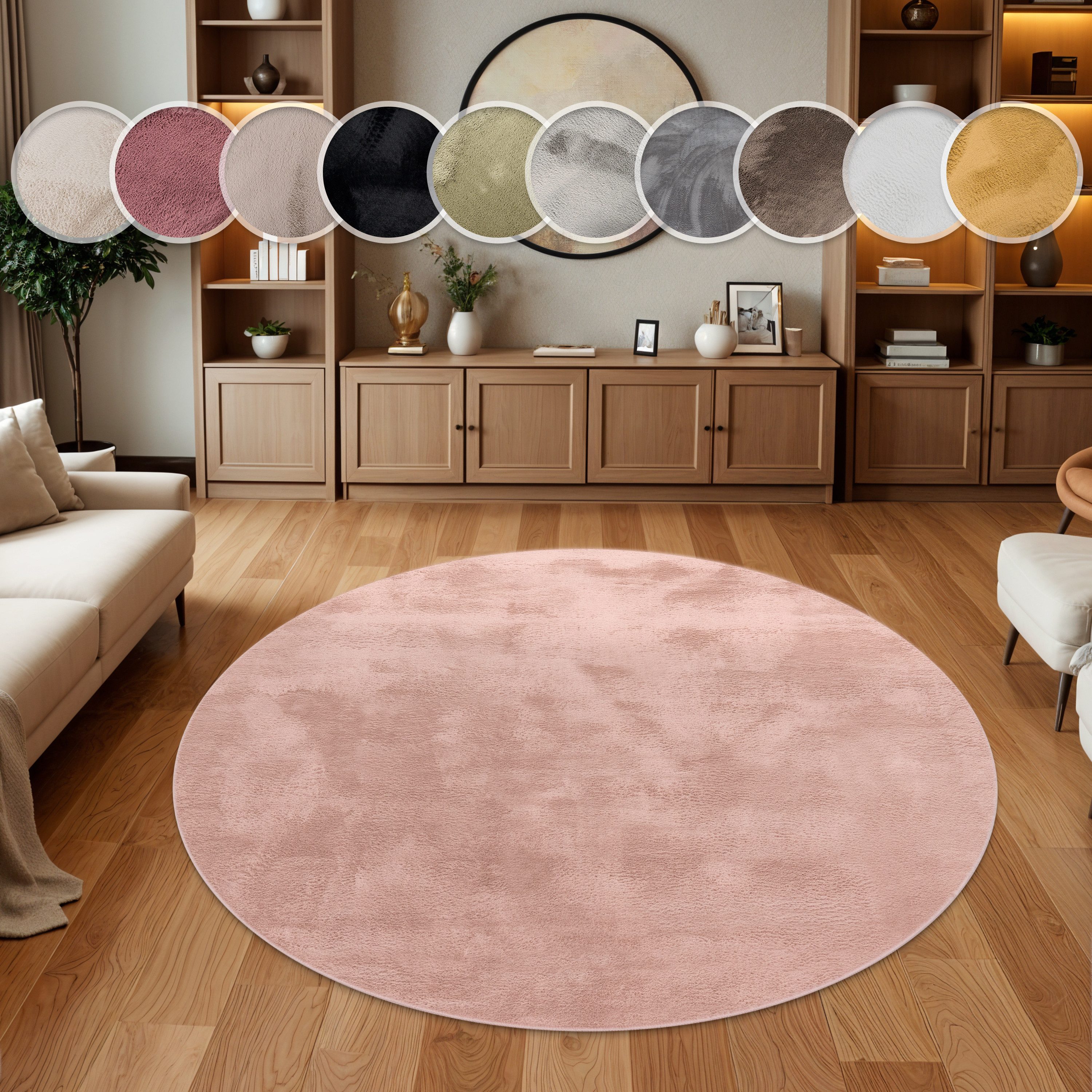 Paco Home Fellteppich Kunstfell Soft 380, rund, Höhe: 14 mm, Langflor, Kuschelteppich - besonders weich, Uni-Farben