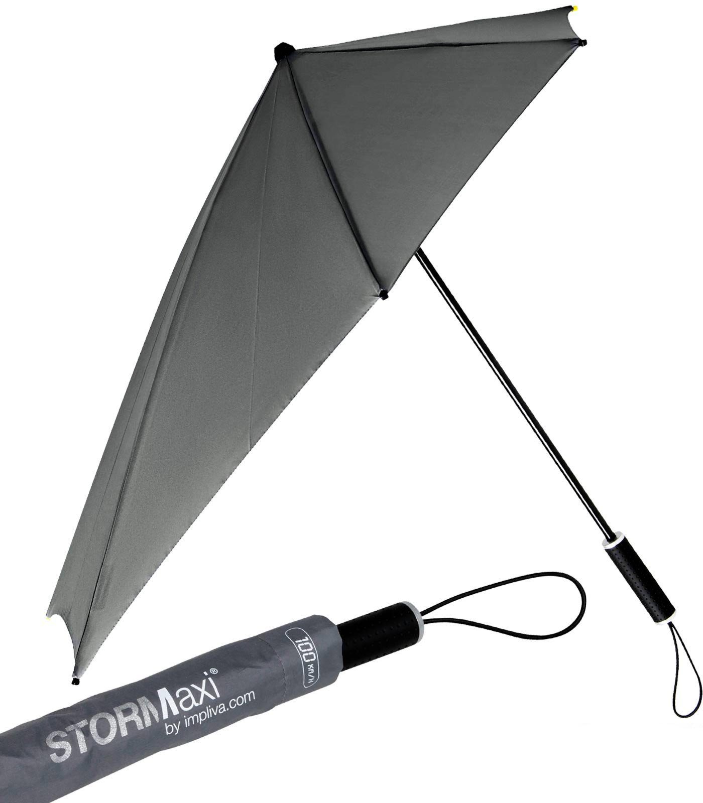 Impliva Stockregenschirm STORMaxi Sturmschirm aerodynamischer Regenschirm, durch seine besondere Form dreht sich der Schirm in den Wind, hält bis zu 100 km/h aus grau | Stockschirme