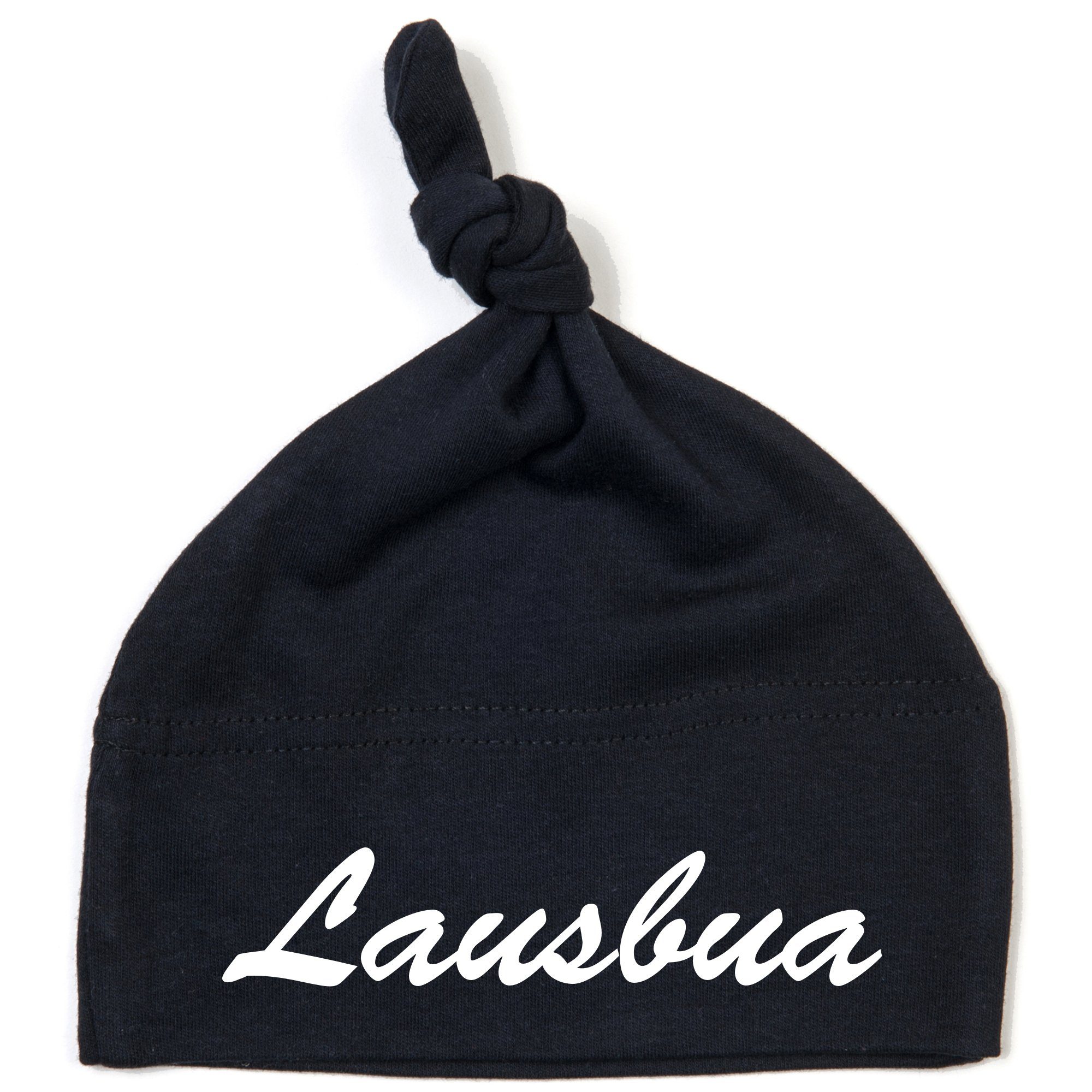 Schnoschi Erstlingsmütze Babymütze mit Knoten und mit Lausbua hochwertig bestickt / gestickt Stickerei mit Lausbua