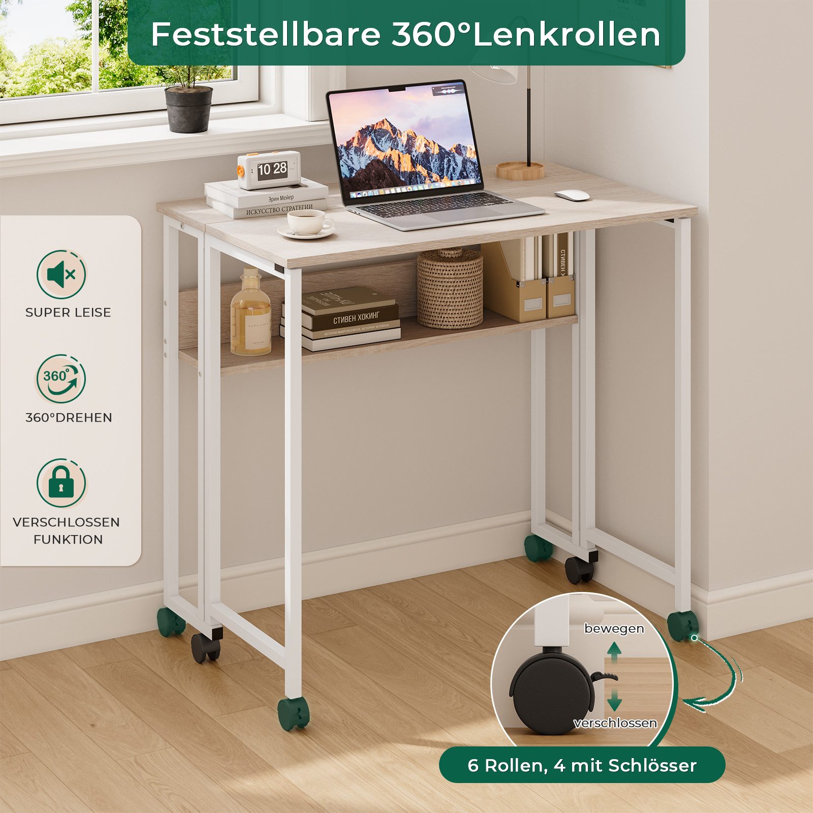 NAIMP Klapptisch Faltbar Schreibtisch Platzsparender Computertisch kleiner Tisch, mit Stauraum und Rollen – Bild 4 von 5