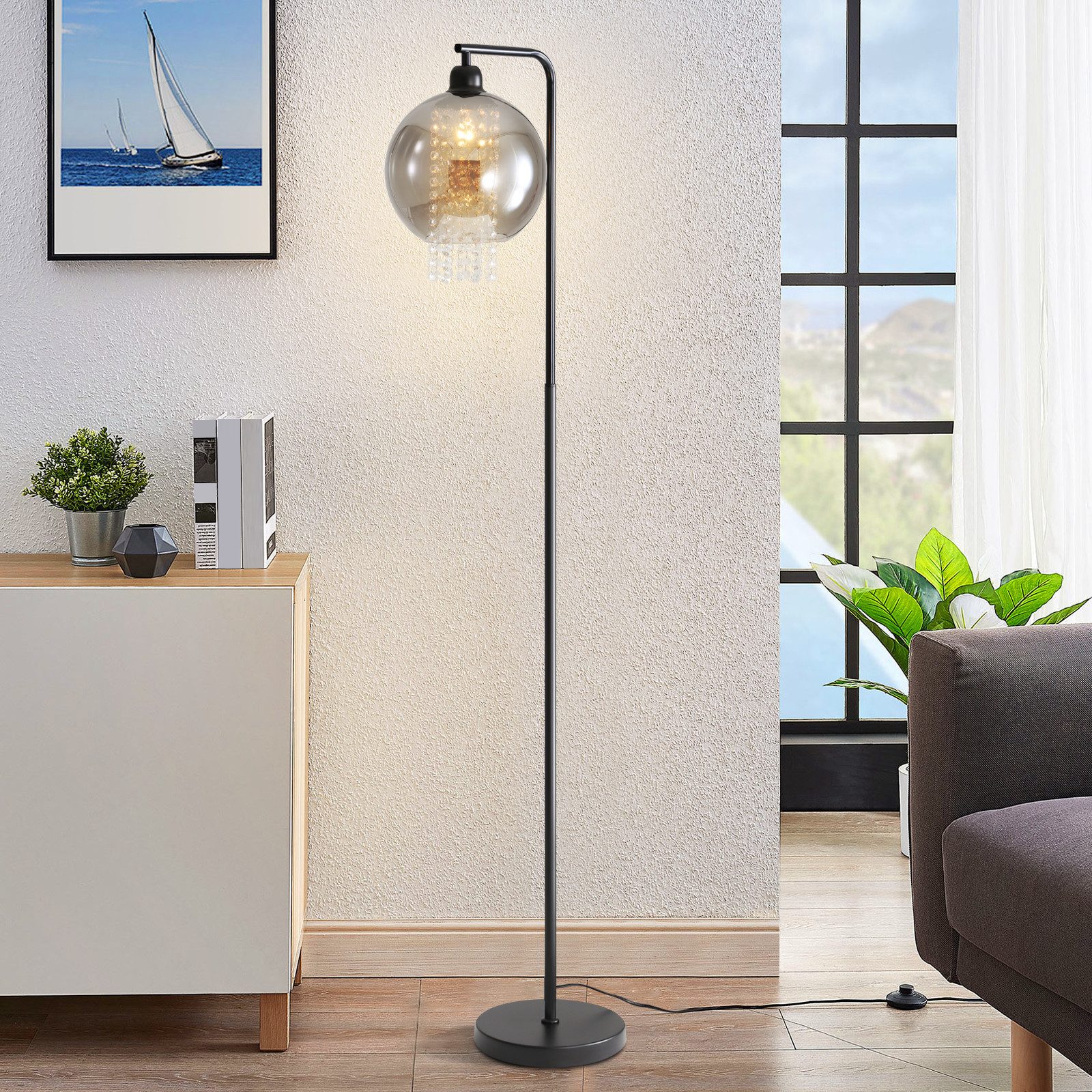 Stehlampe Rauchgrau Glas Kristall E27 Modern Wohnzimmer mit Fußschalter