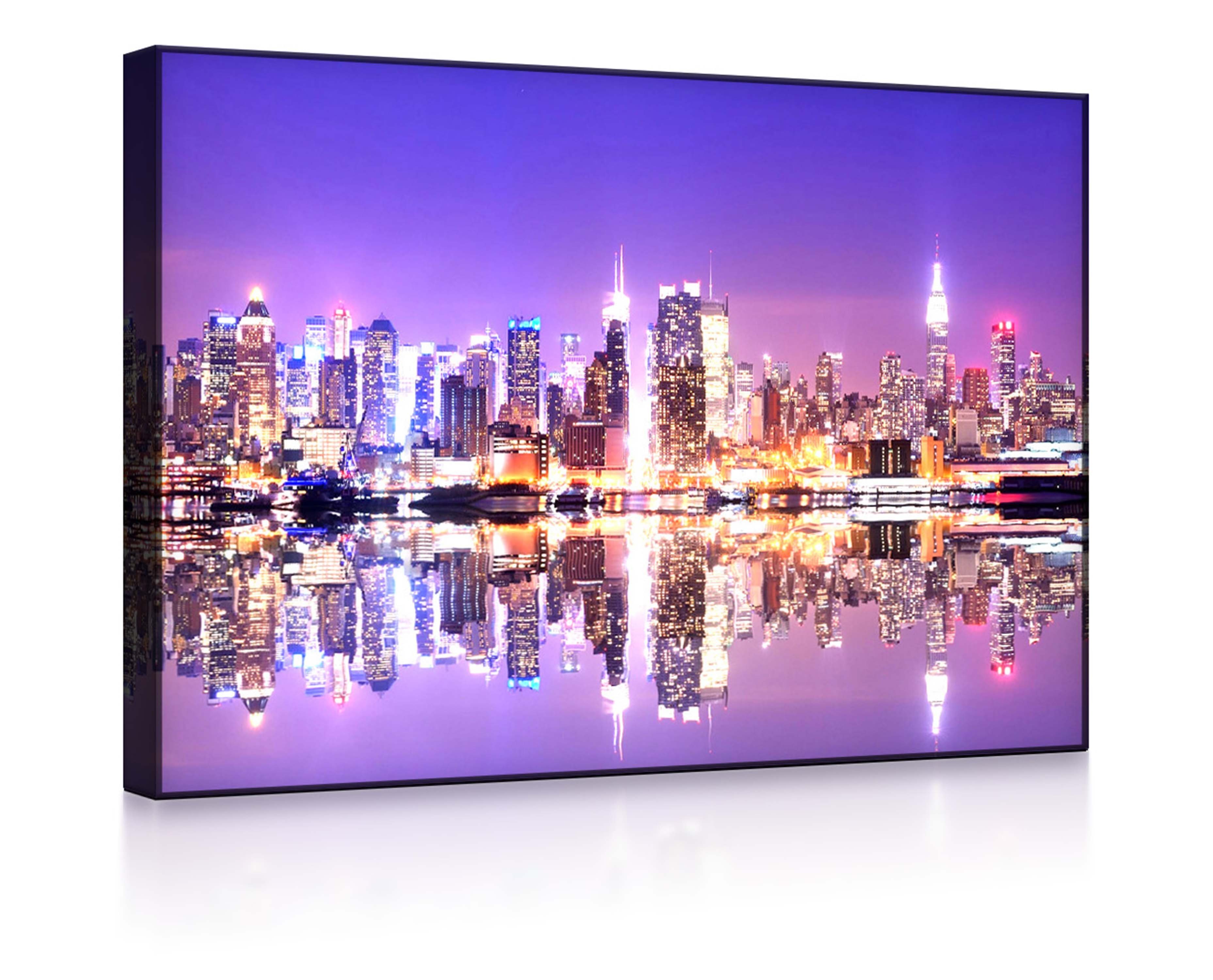 lightbox-multicolor LED-Bild Manhattan Skyline Spiegelung front lighted / 60x40cm, Leuchtbild mit Fernbedienung