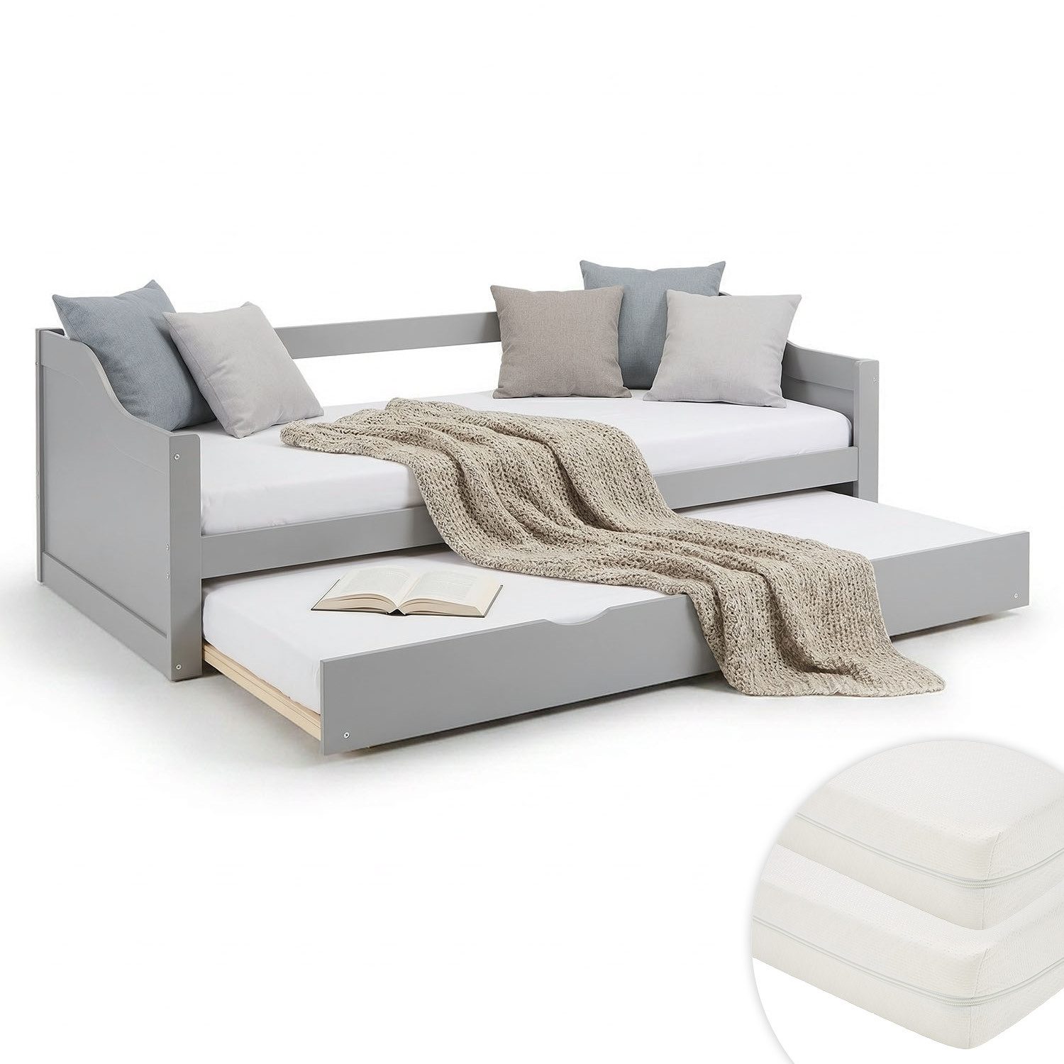 Homestyle4u Ausziehbett 90x200 Holz Gästebett mit Ausziehfunktion 2 Liegeflächen Doppelbett (Komplett-Set mit 2x Lattenrost), 2x 90x200, 2 Personen/Kinder, Stauraumbett, ausziehbar