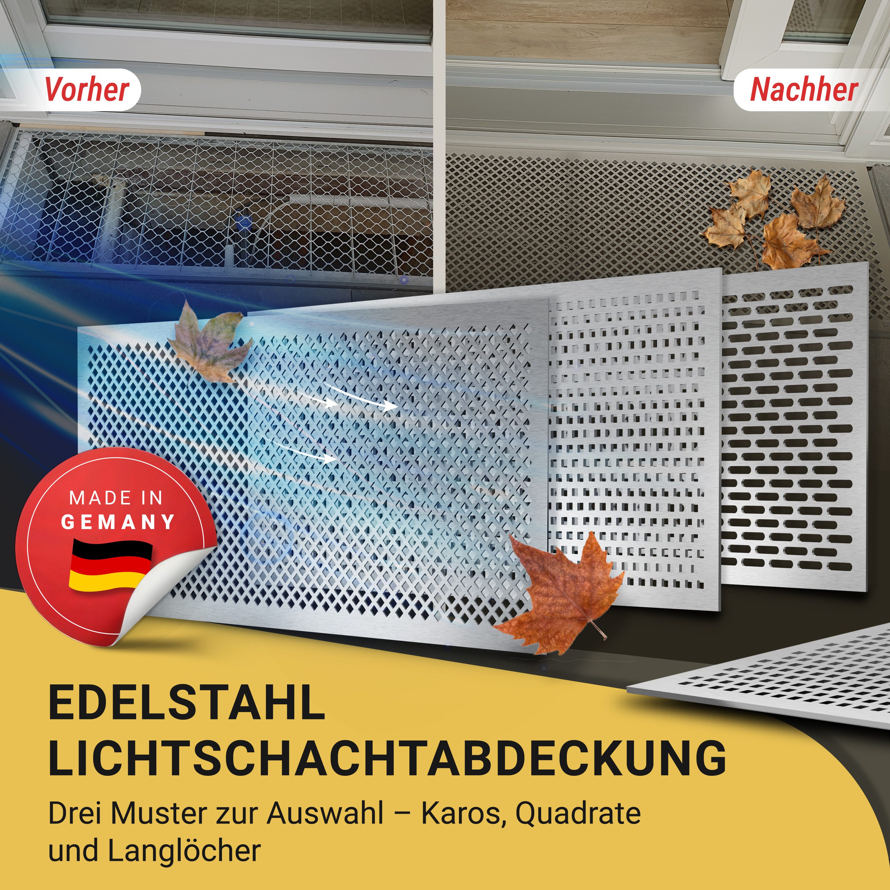 DeinLichtschacht Lichtschachtabdeckung Edelstahl mit Insektenschutz - in verschiedenen Größen und Muster, (Rostfrei, Begehbar & Langlebig), Perfekt für jeden Kellerschacht