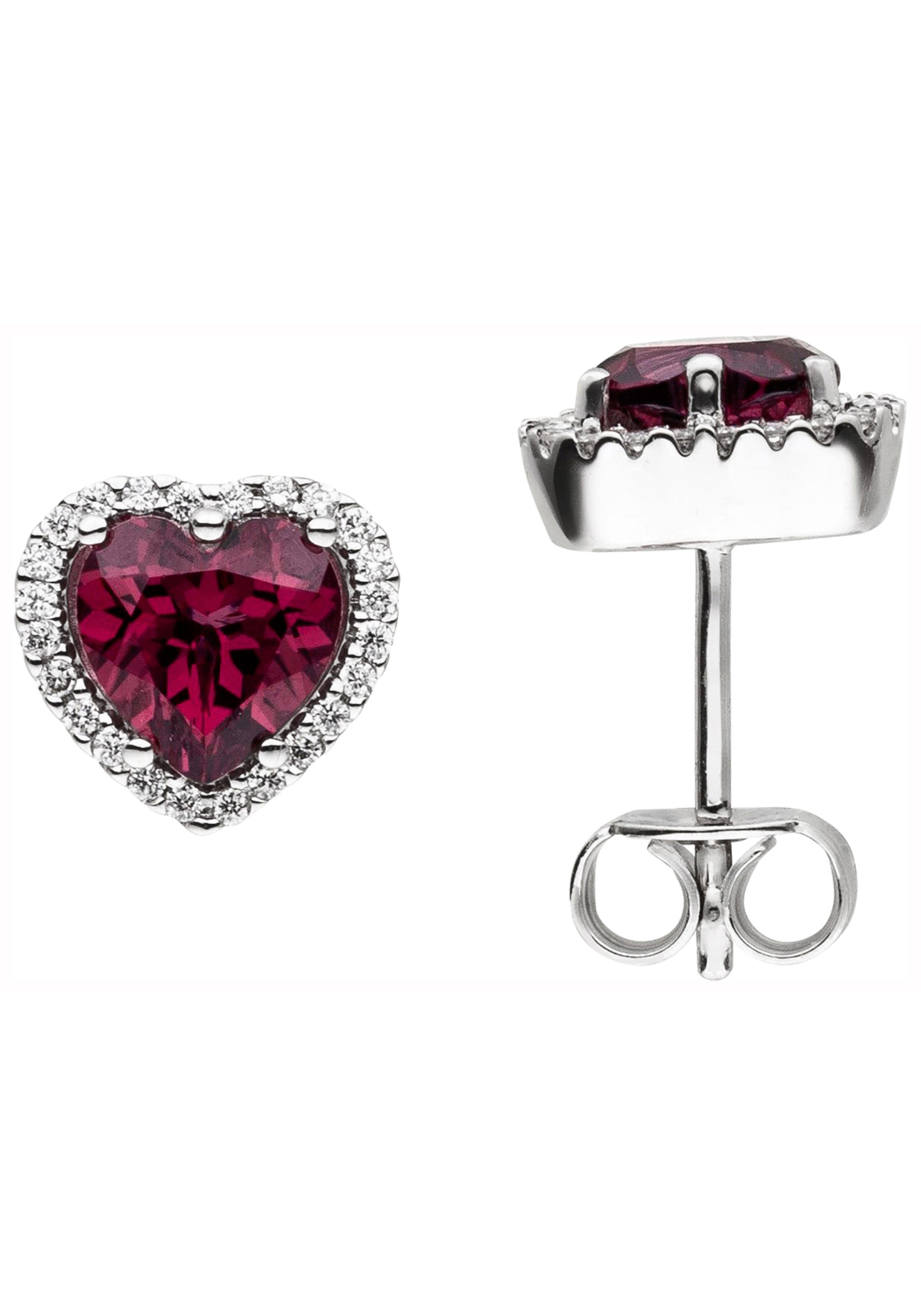 JOBO Paar Ohrstecker Herz, 585 Weißgold mit Rhodolith und 48 Diamanten