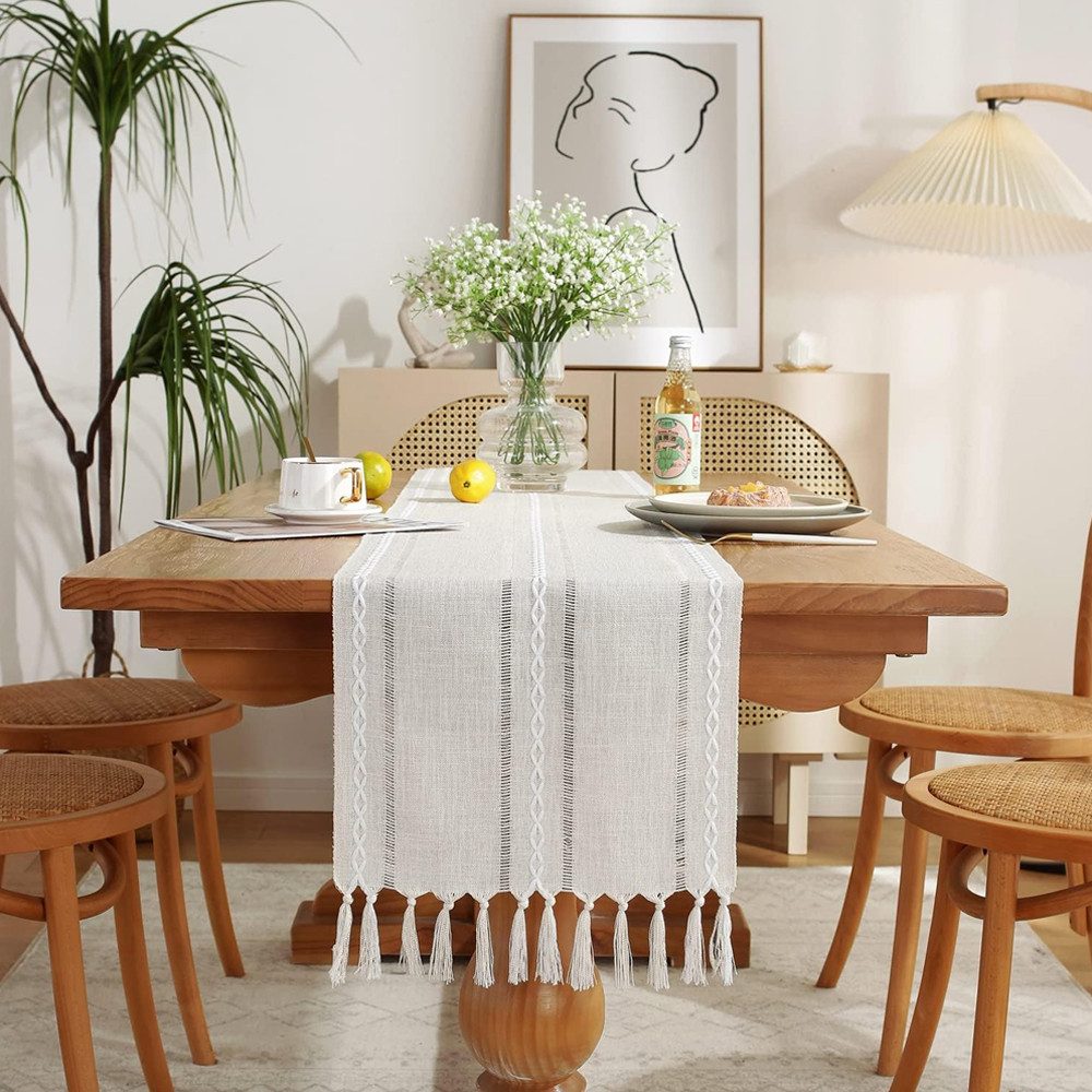 TUWENA Tischläufer Tischläufer,Landhausstil Tischdecke,Vintage Waschbar Tisch mit Fransen