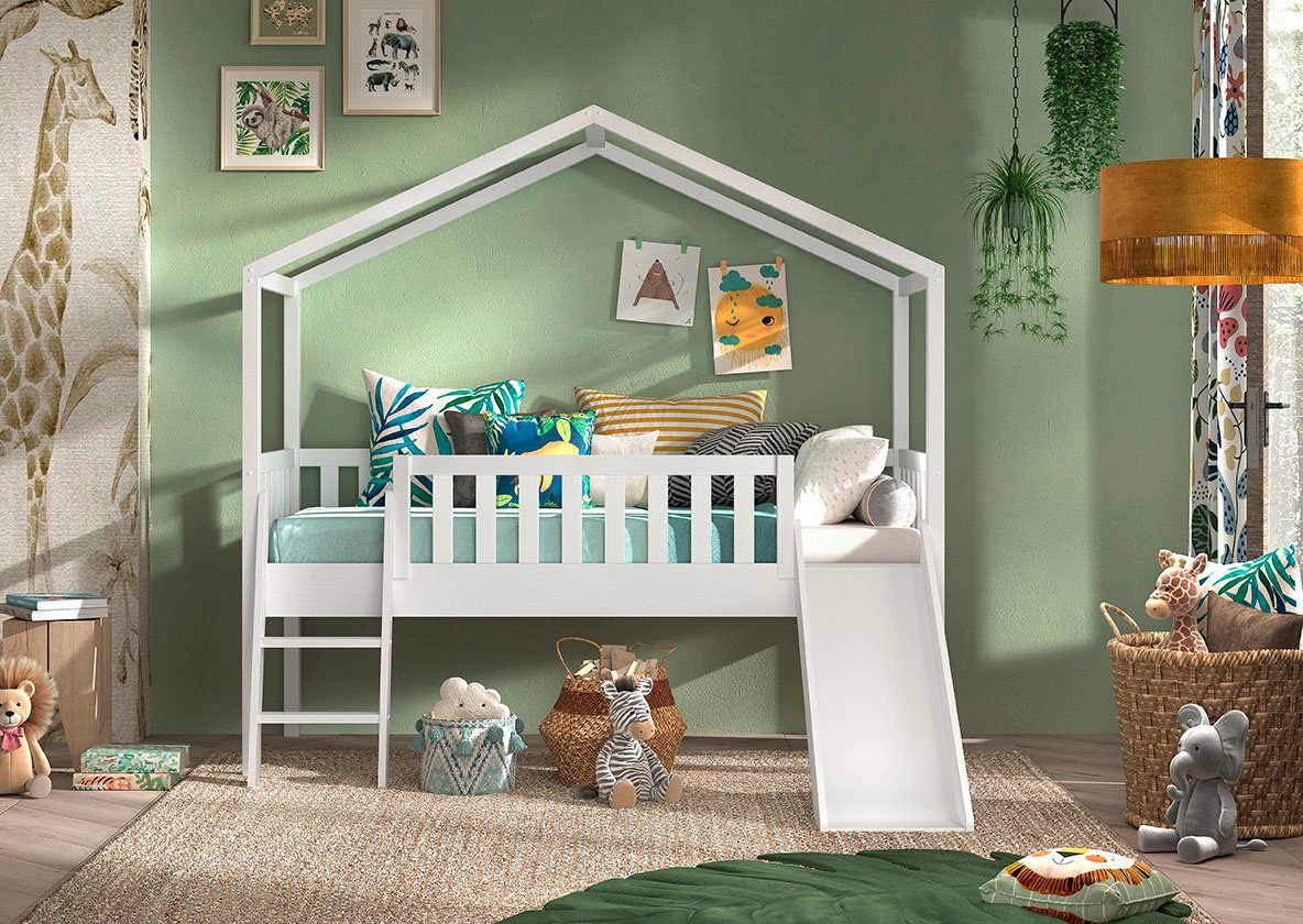 Vipack Hausbett Kiefer massiv weiß lackiert, Made in Europe, stabil gebaut (B/H/T ca. 213x201,8cm, wahlweise mit und ohne Rutsche), mit Leiter, offenem Dach, Rolllattenrost und Absturzschutz