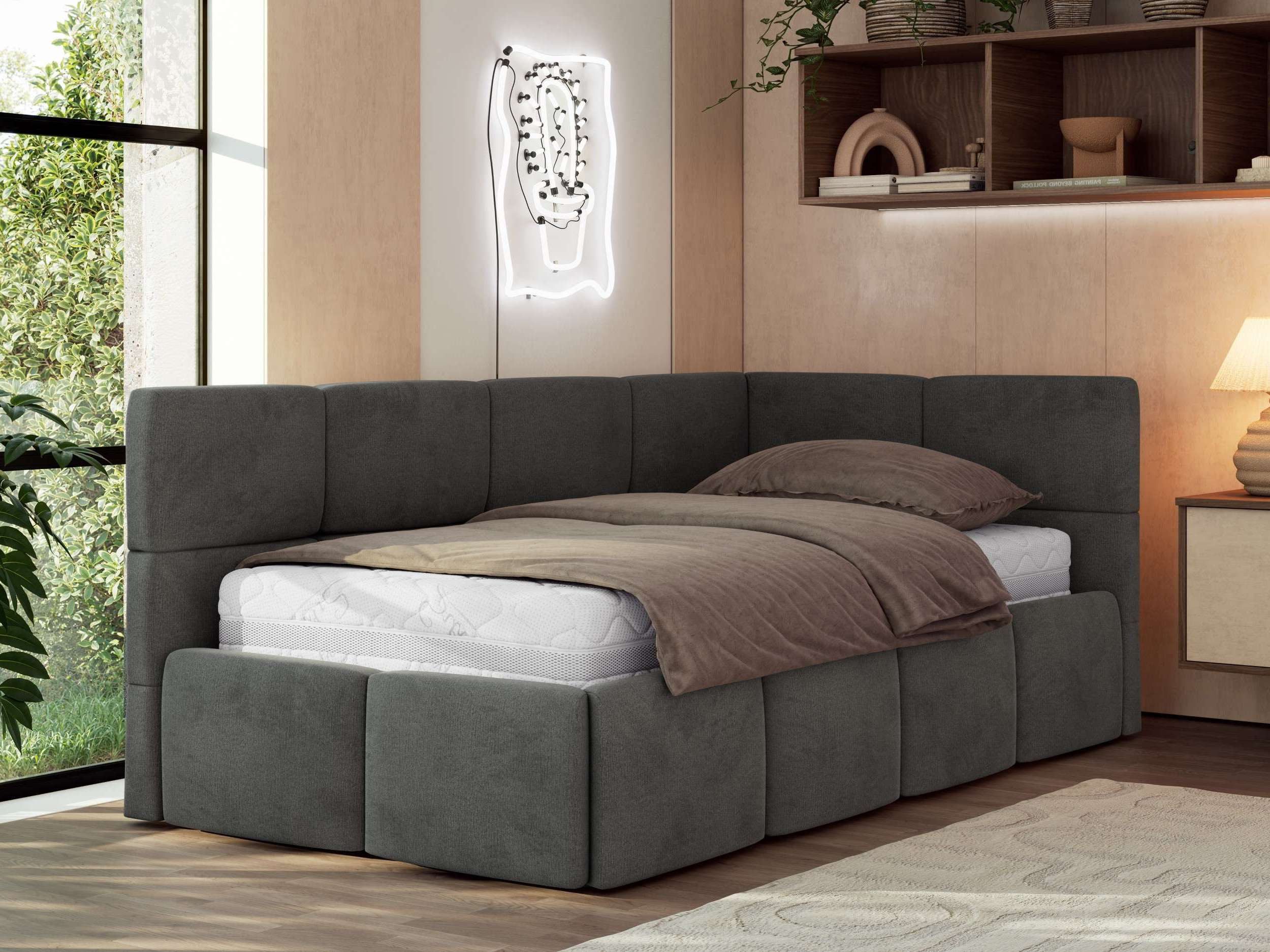 MKS MÖBEL Jugendbett ARVO 90x200 (Set, inkl. Lattenrost, Bettkasten und gepolstertem Kopfteil), Eckbett mit Stauraum, Polsterbett mit Gasdruckfedern