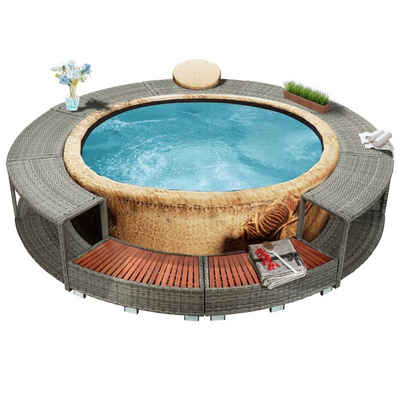 Merax Whirlpool Umrandung Polyrattan mit Stauraum, Rund Poolumrandung für Whirlpool, Spa Schwimmbecken, Gartenmäbel Set, Lounge Set, Balkonset