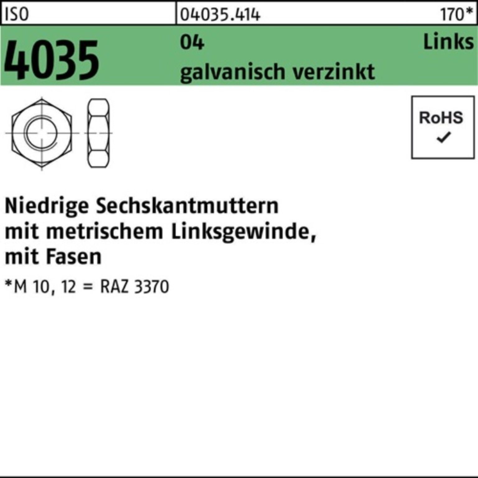 Reyher Muttern 100er Pack 040354140060000 Sechskantmutter ISO 4035 niedrig m.Fasen li