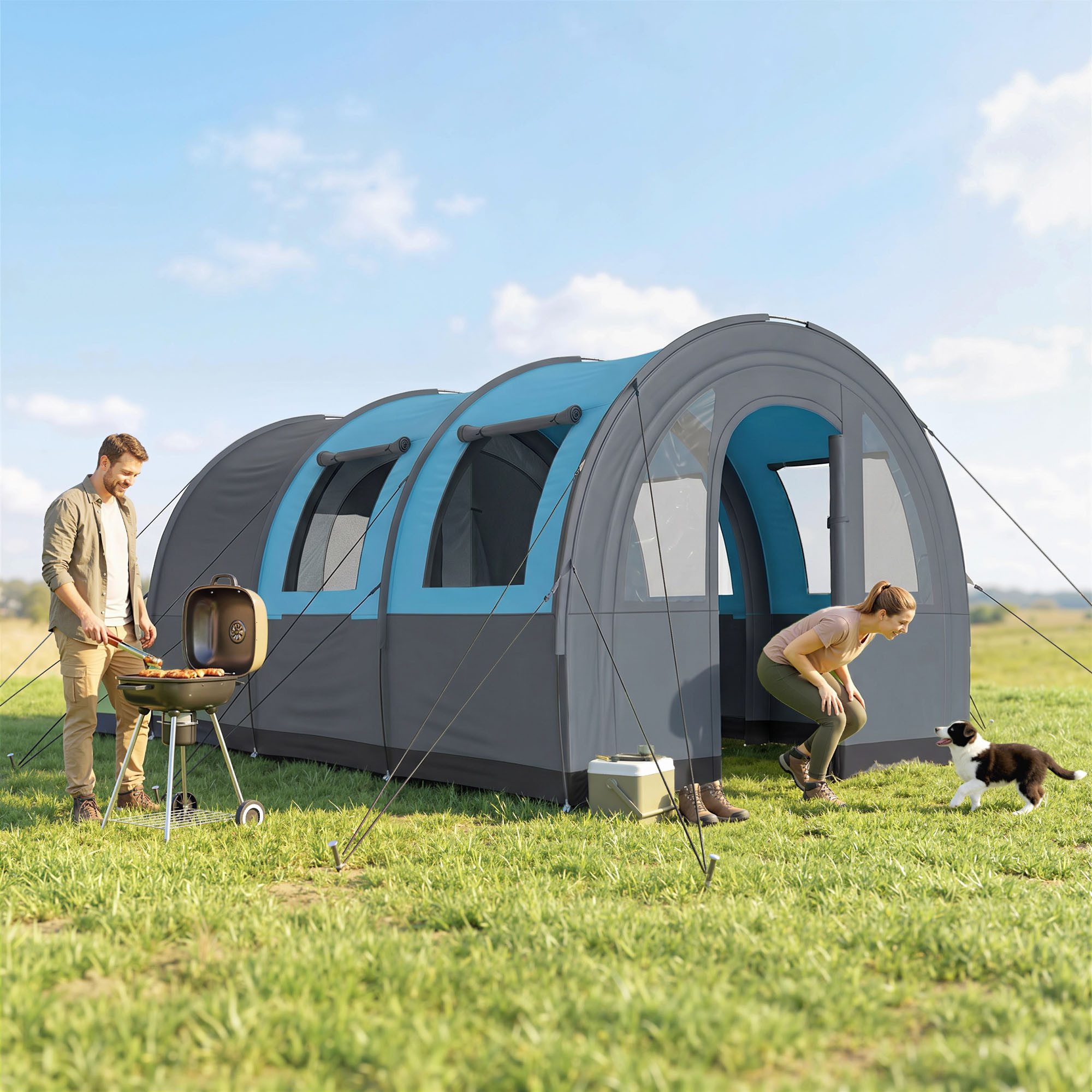 Outsunny Tunnelzelt Familienzelt mit 2 Räumen, Lichthaken, Tragetasche, Personen: 3 (3000mm wasserabweisend Campingzelt, 1 tlg., Gruppenzelt für 3 Personen), für Garten, Campingplatz, Grau