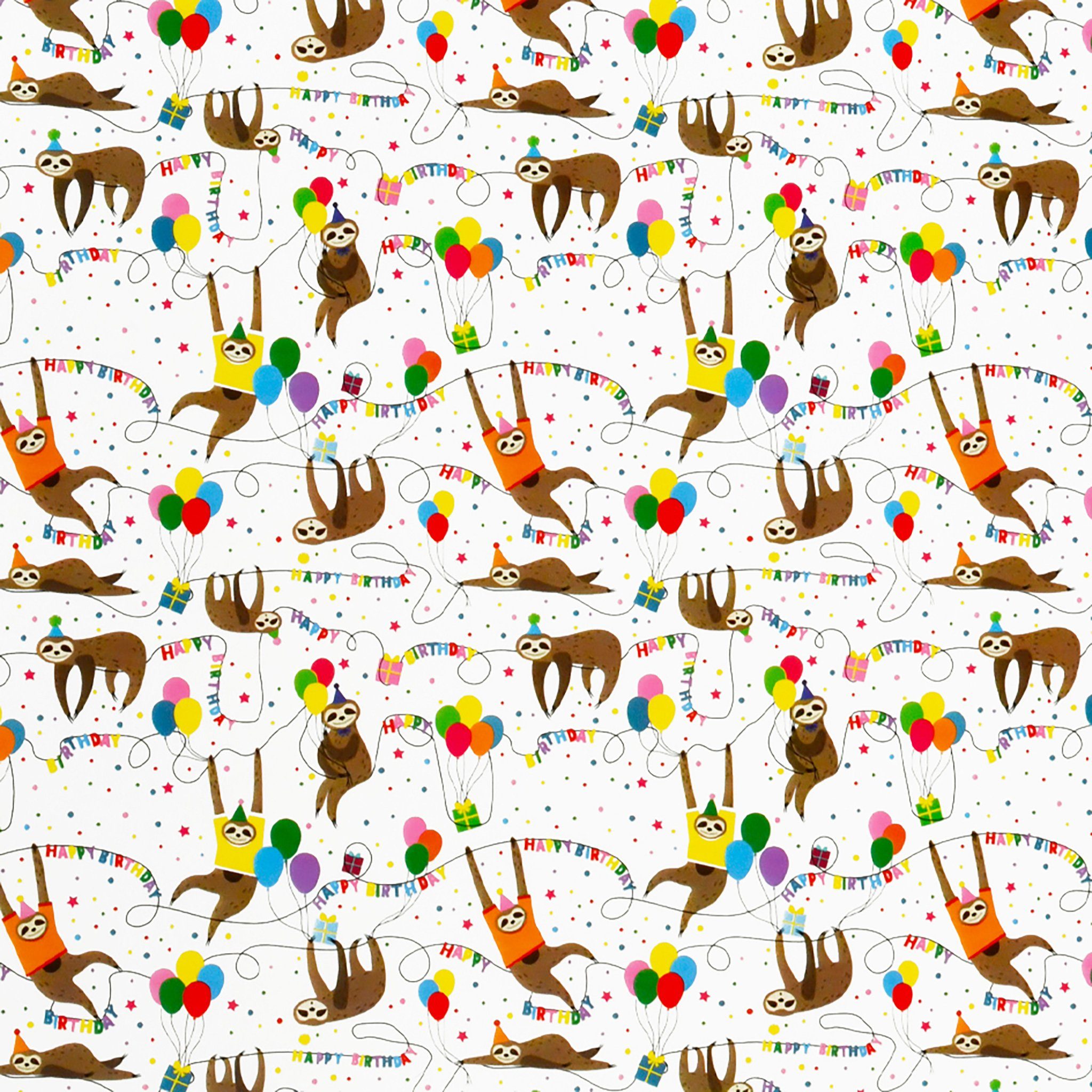 Star Geschenkpapier, Geschenkpapier Happy Birthday mit Faultier Motiv 70cm x 2m Rolle Bunt