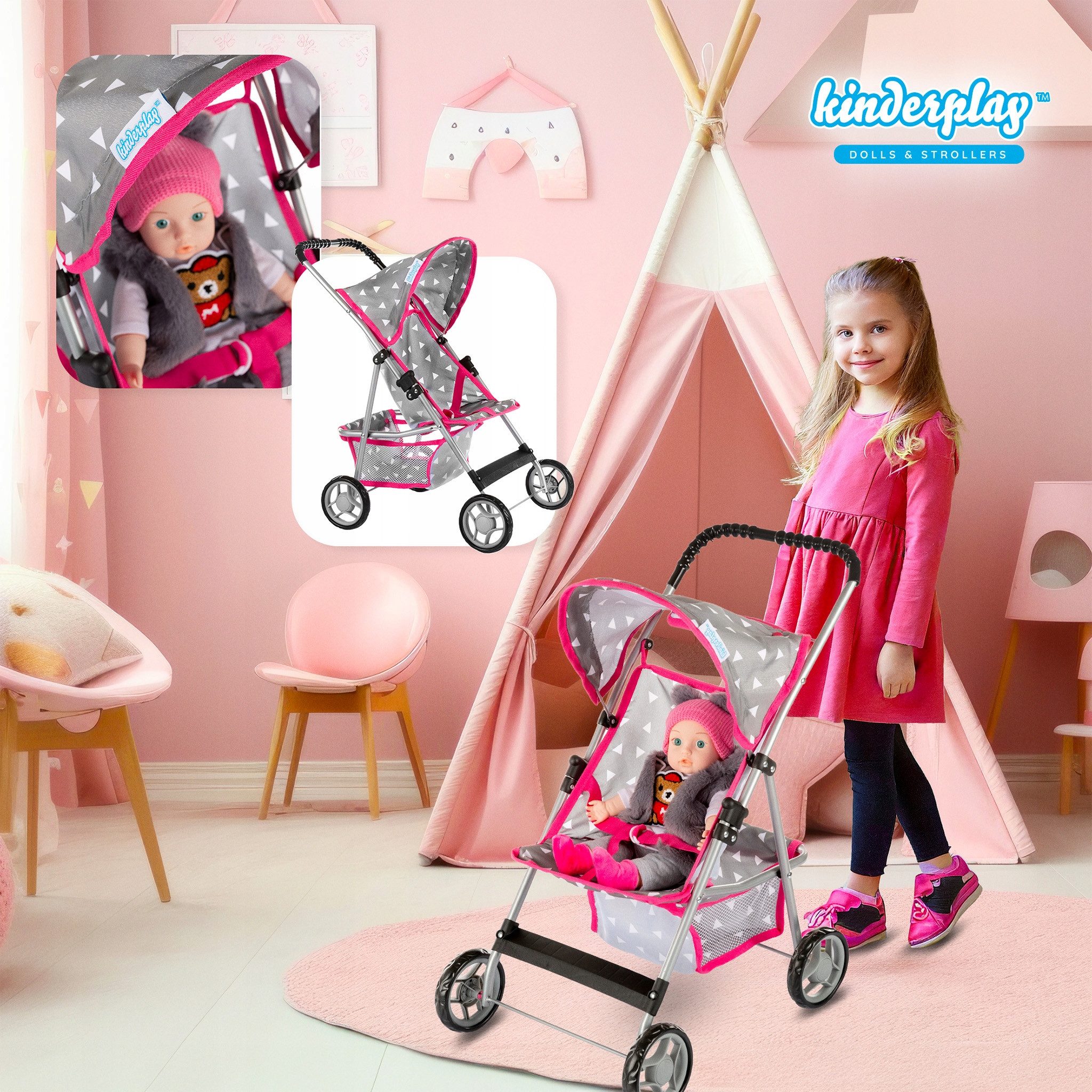 Kinderplay Dolls & Strollers Puppenbuggy Puppenbuggy Grau – Leicht & Klappb günstig online kaufen