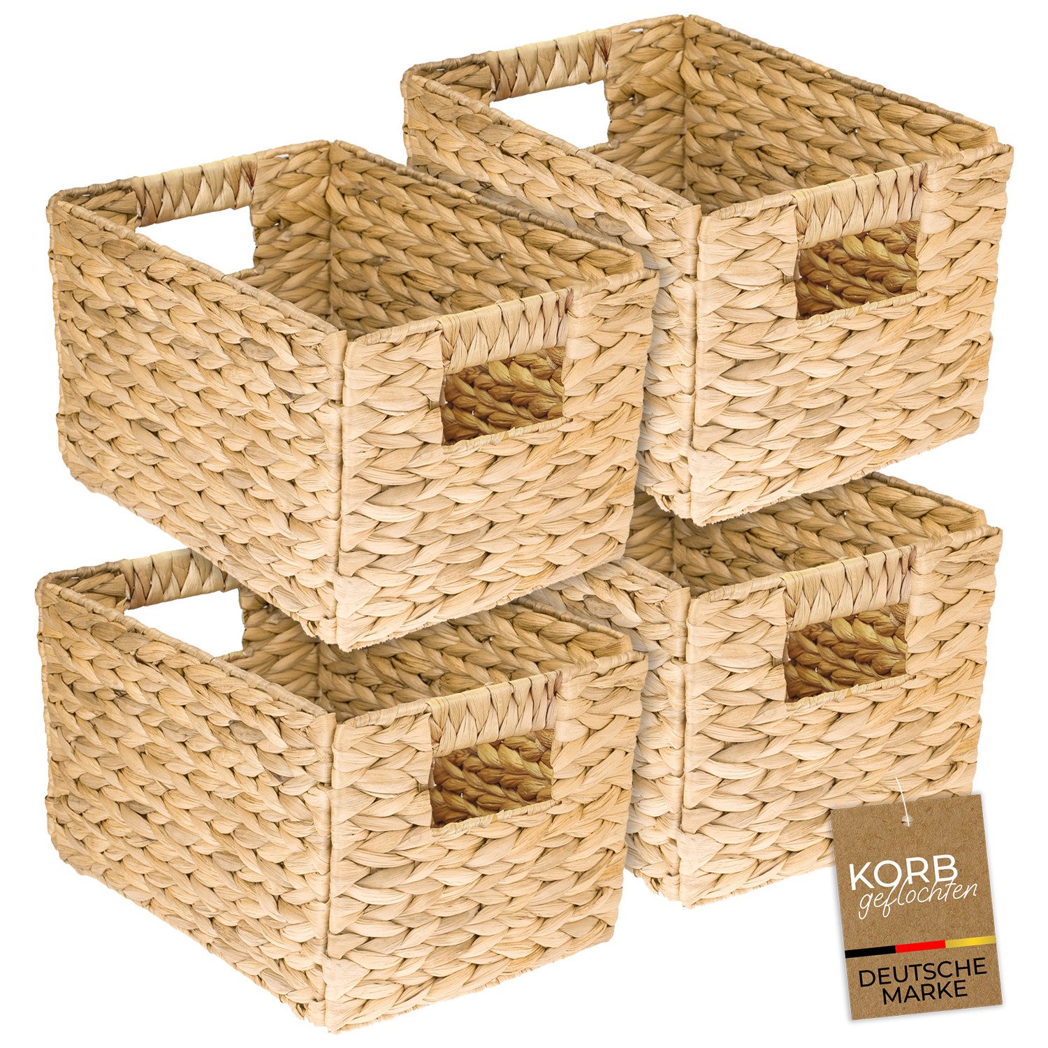 HMF Aufbewahrungskorb Aufbewahrungskorb geflochten aus Wasserhyazinthe Korb mit Tragegriffen (4 St., 4er Set), für Bad, Küche und Wohnbereich, Größe M 32 x 23 x 20 cm, Naturfarben