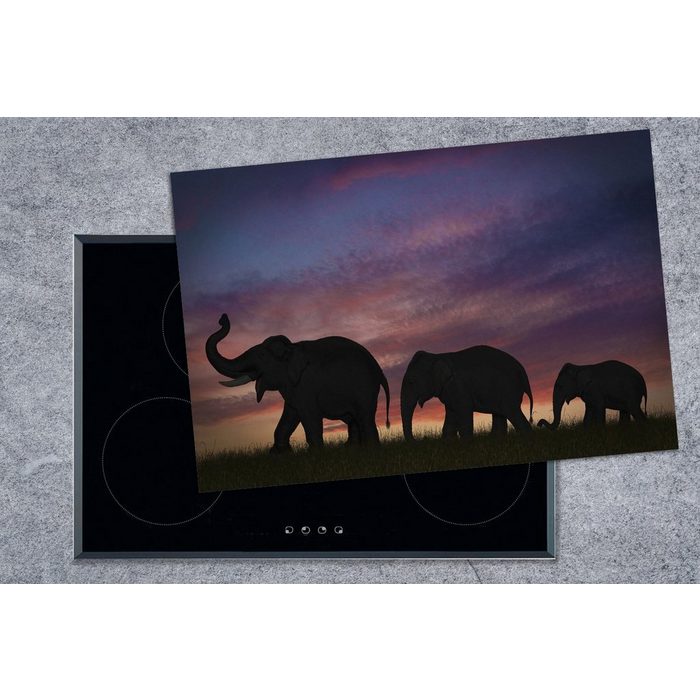 MuchoWow Herdblende-/Abdeckplatte Elefanten - Sonnenuntergang - Silhouette Vinyl (1 tlg) Ceranfeldabdeckung Arbeitsplatte für küche AV10543