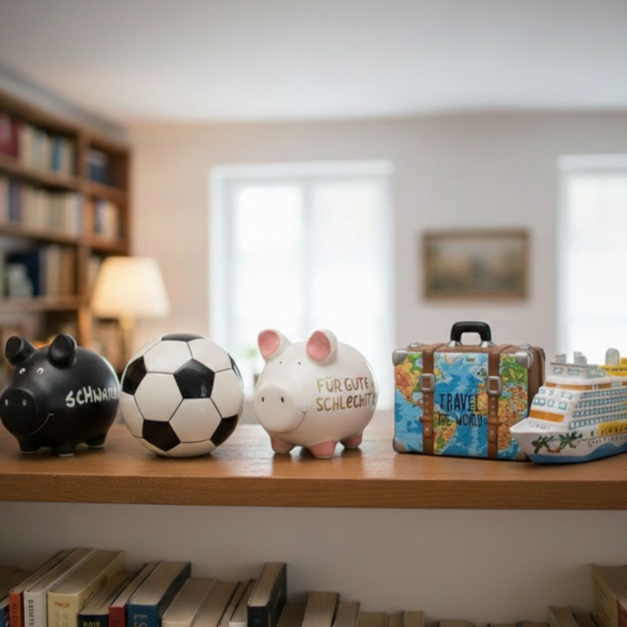 matches21 HOME & HOBBY Spardose Lustige Spardose Sparschwein URLAUBSGELD bunt 12,5 cm, Keramik Kinder Erwachsenen Sparbüchse - Gummistopfen zum Öffnen