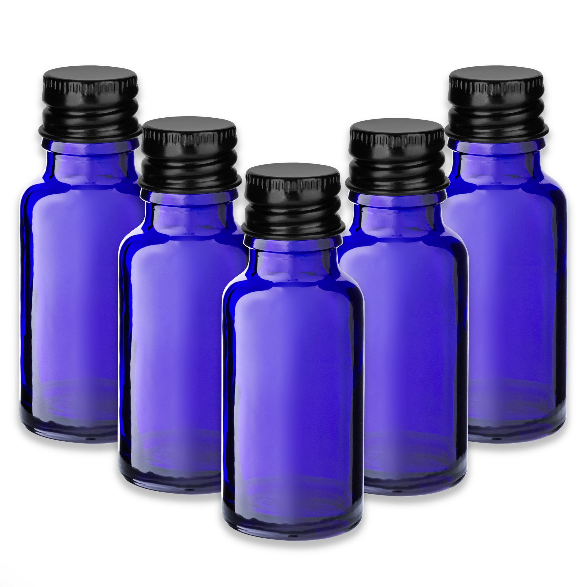 CK Verpackung GmbH Leerglas 5x Blaue Glasflasche 20 ml mit schwarzem Aluminium Schraubverschluss