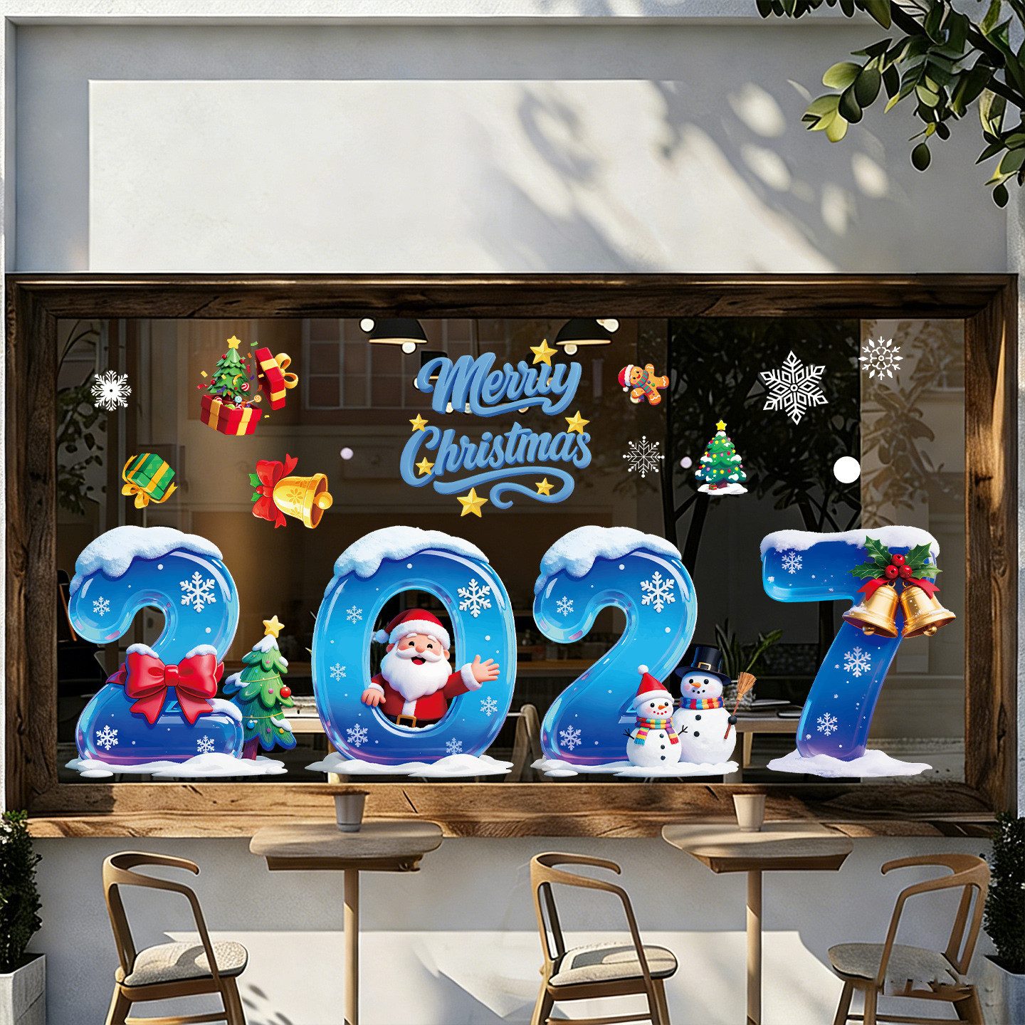 Stelby Fenstersticker Weihnachts Fensteraufkleber 2027 Schneeflocken Fensterdeko PVC, Weihnachtsmotive mit Jahreszahl 2027 in winterlichem 3D-Look
